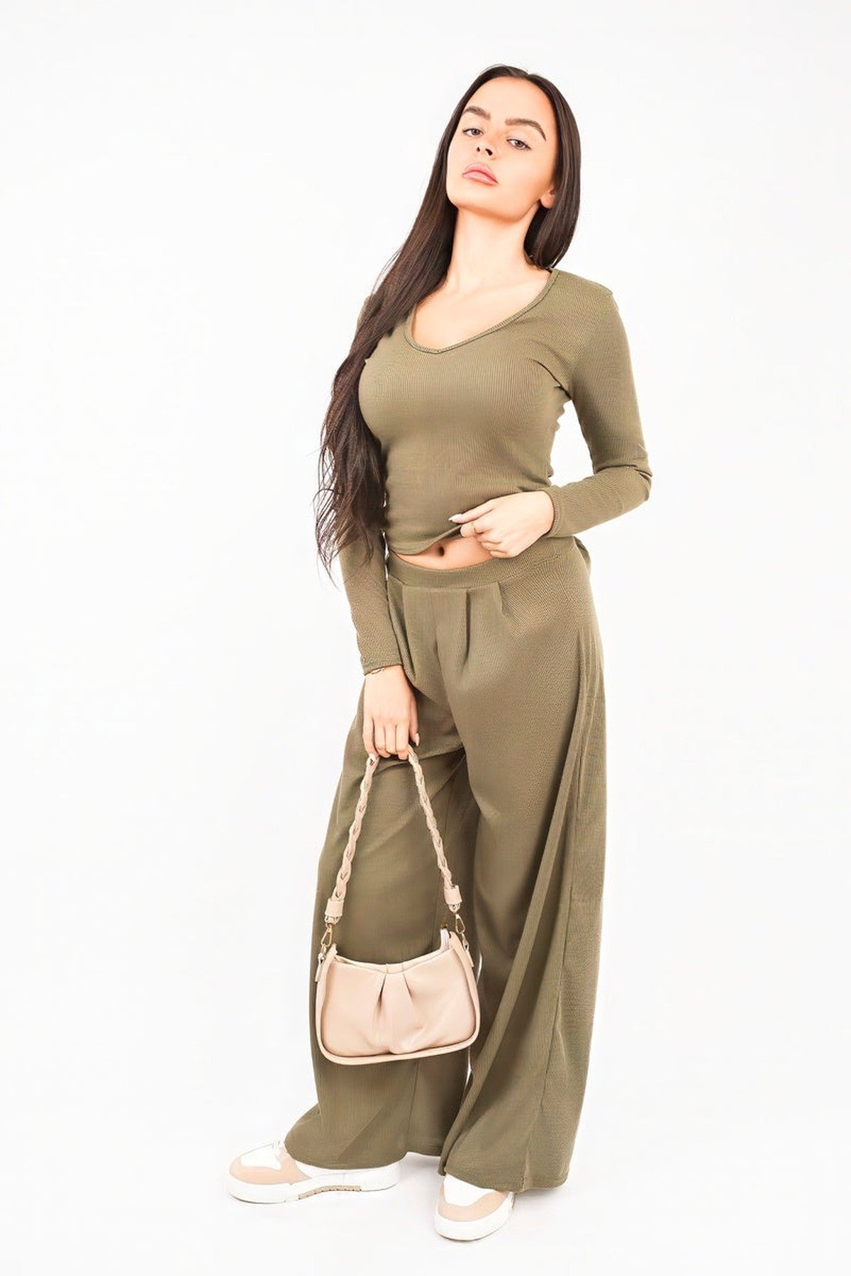 Enaya V Neck Long Sleeve Ribbed Top & Wide Leg Trousers Co-ord Set - Khaki