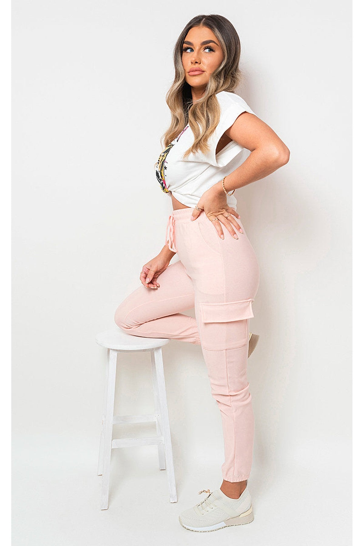 Francesca Pocket Side Drawstring Waist Cargo Trouser - Pink