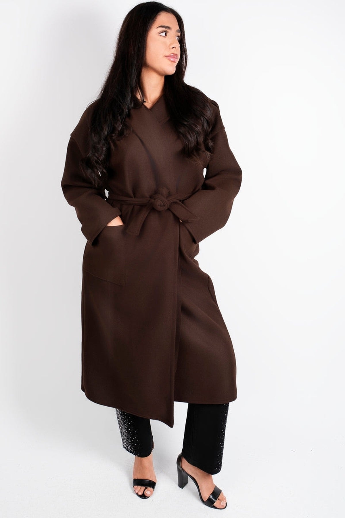 Vionna Hooded Longline Belted Wrap Coat - Brown