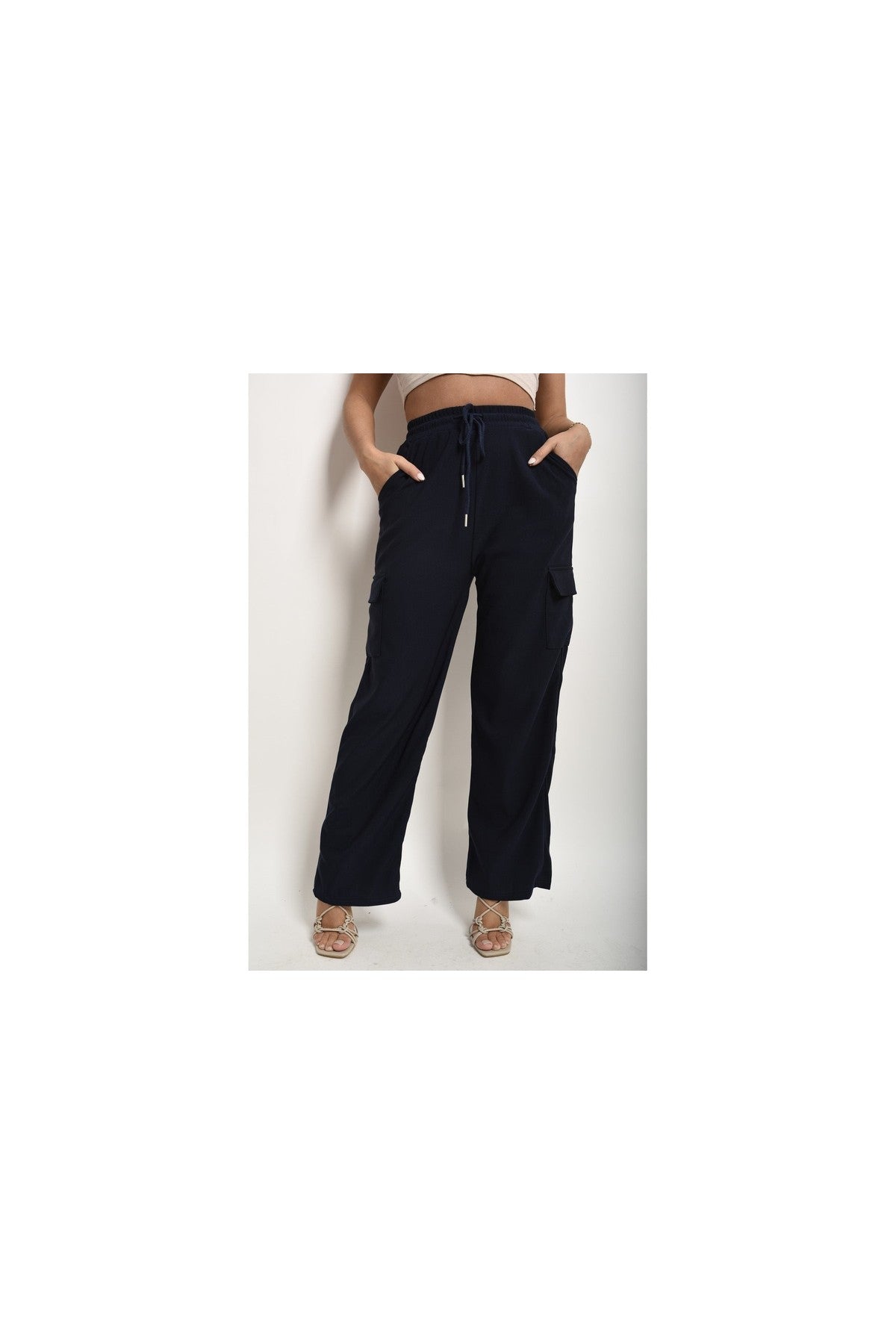 Faye Wide Leg Drawstring Waist Flap Pocket Trouser - Navy
