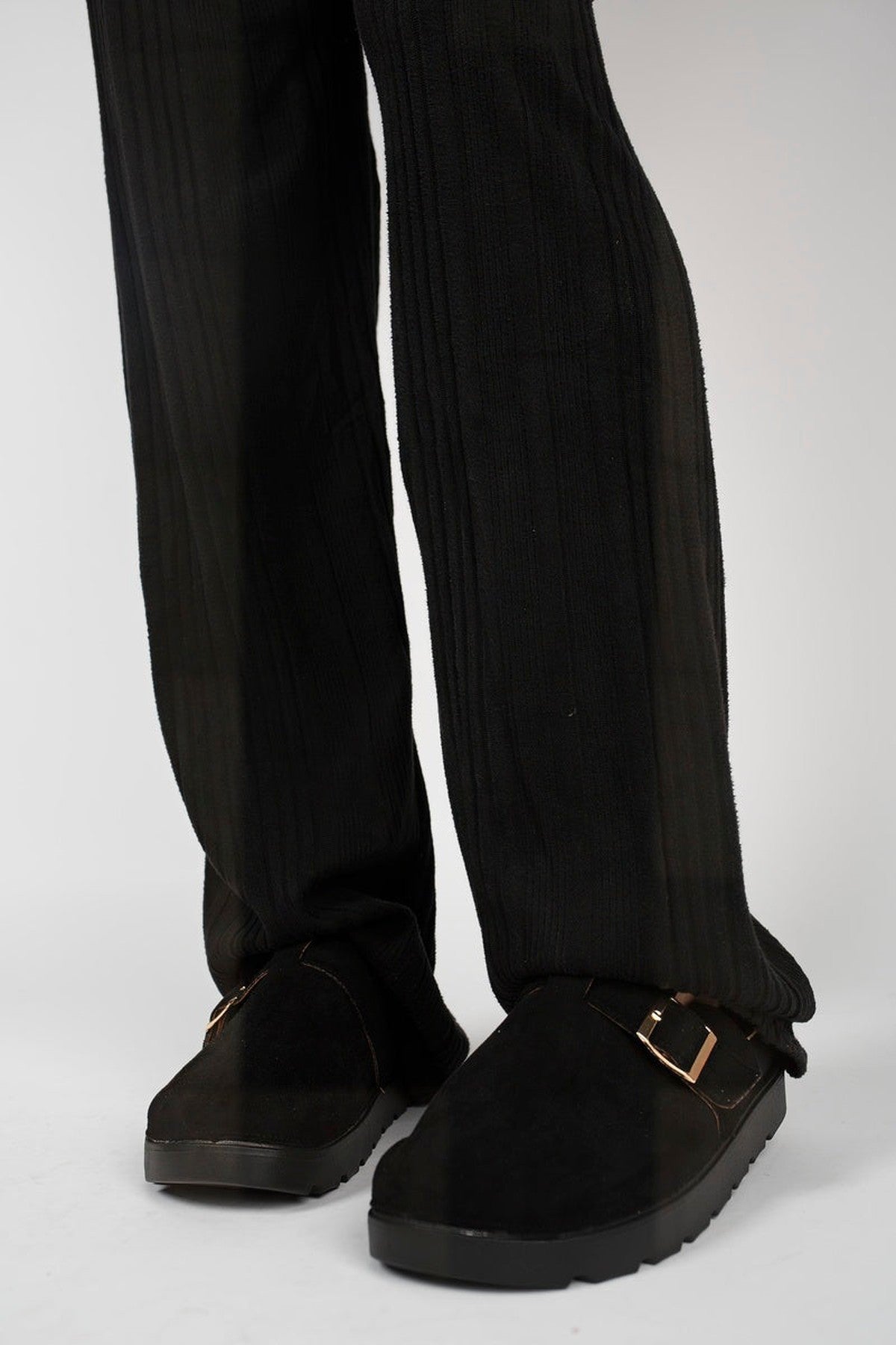 Serelina Chunky Sole Flat Slip-on Buckle Sliders - Black