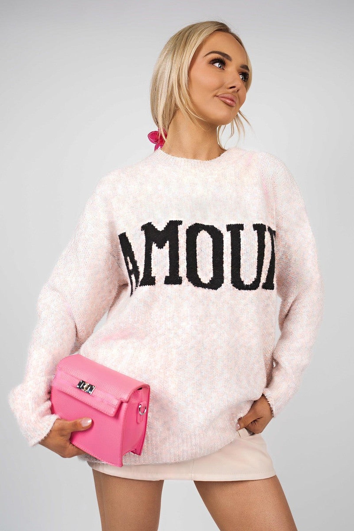 Zenya Fluffy Knit Oversized Jumper With Amour Slogan Detail - Pink