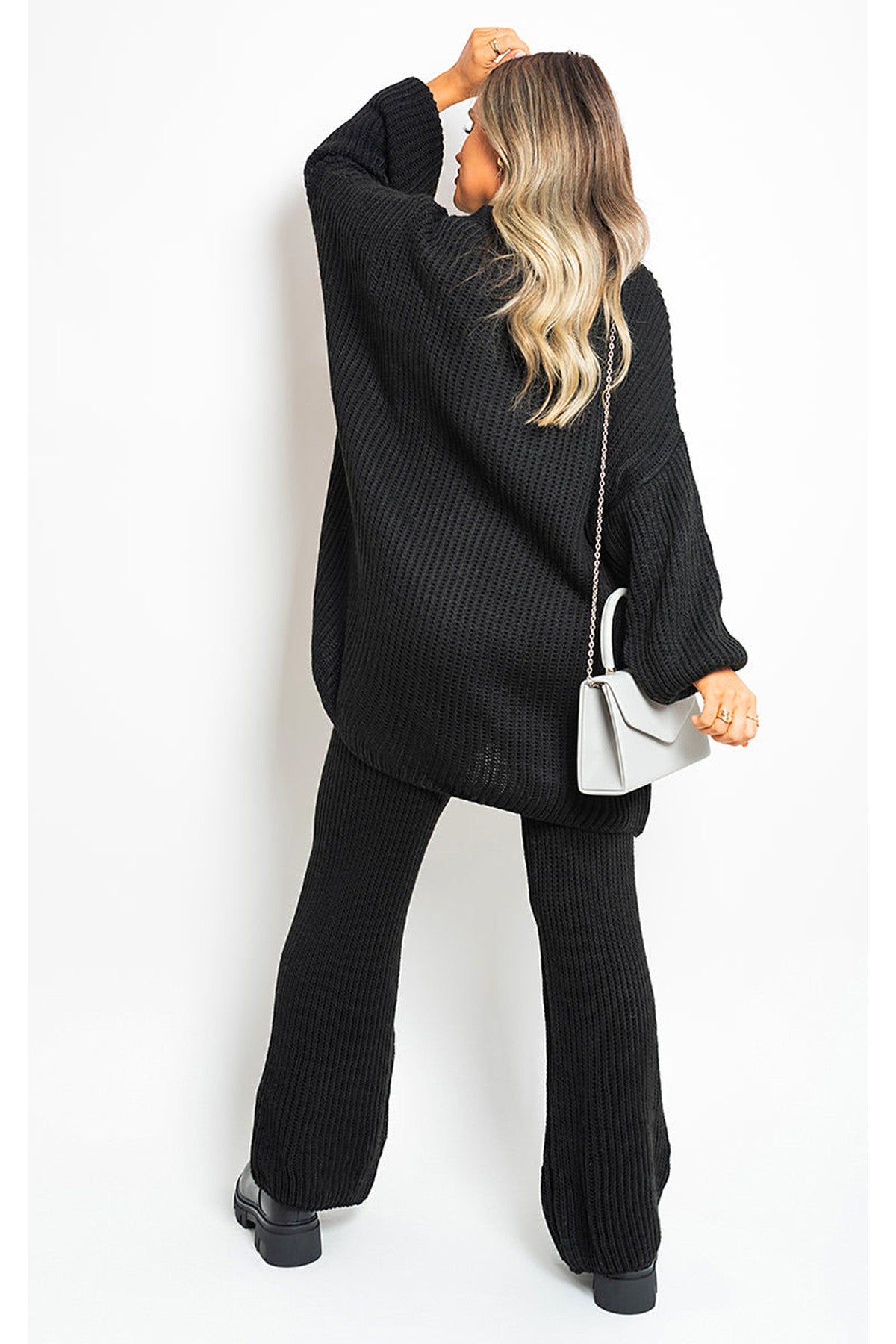 Emma Chunky Knitted Button Up Cardigan Wide Leg Trousers Co-ord Set - Black