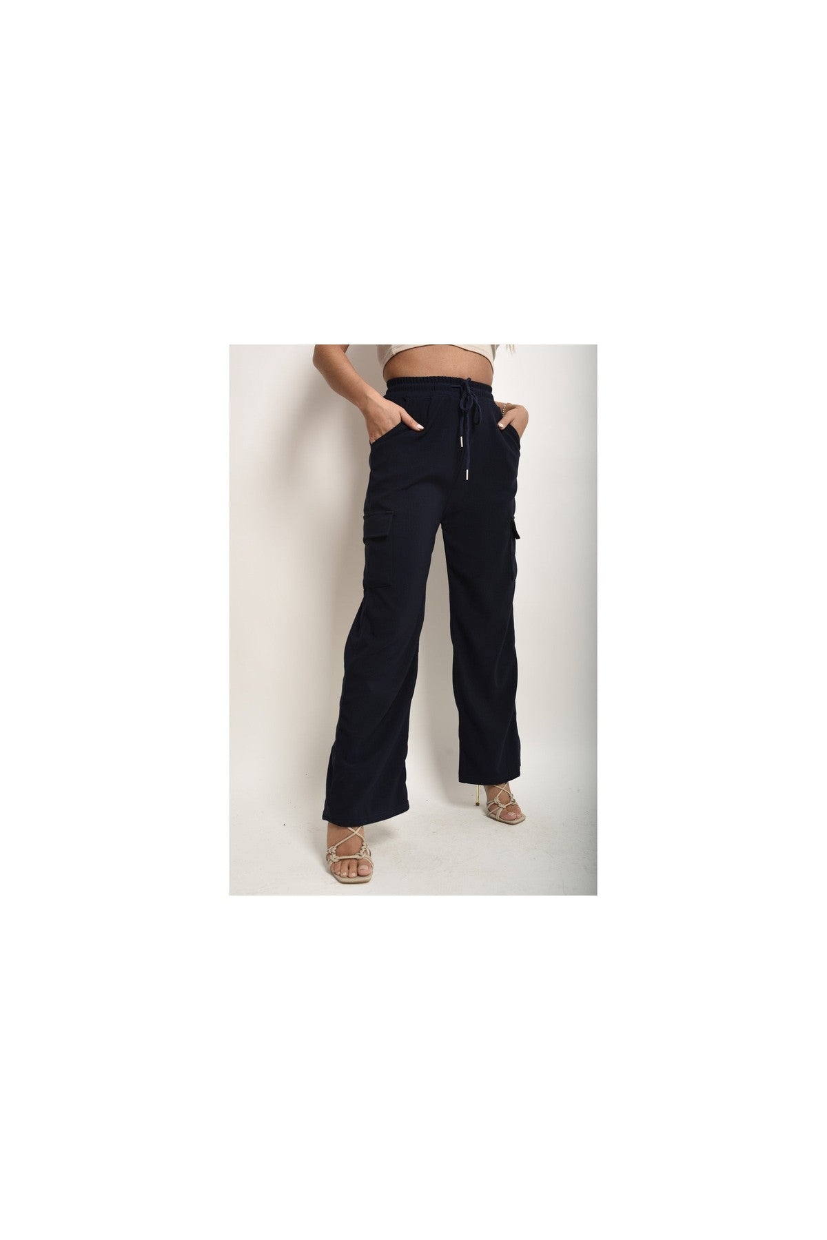 Faye Wide Leg Drawstring Waist Flap Pocket Trouser - Navy