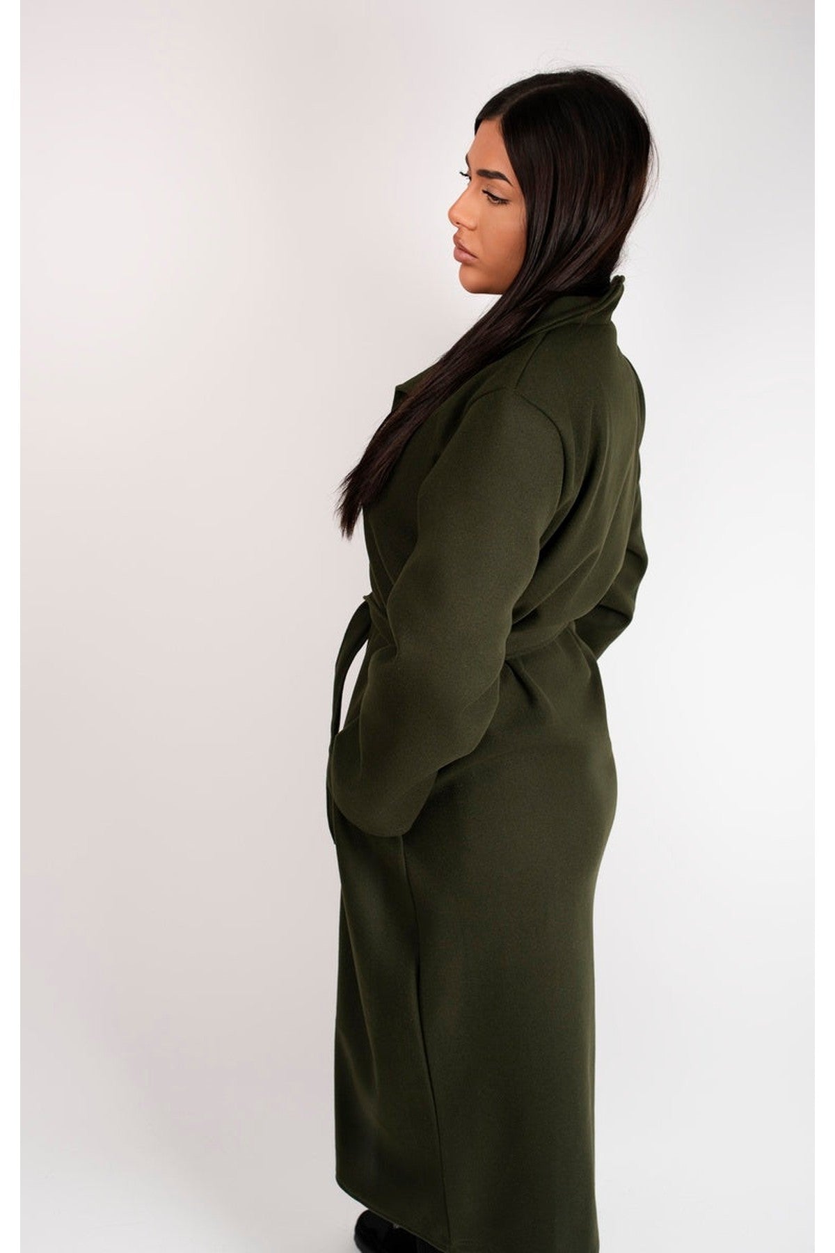Marelle Belted Longline Coat With Button Detail - Khaki