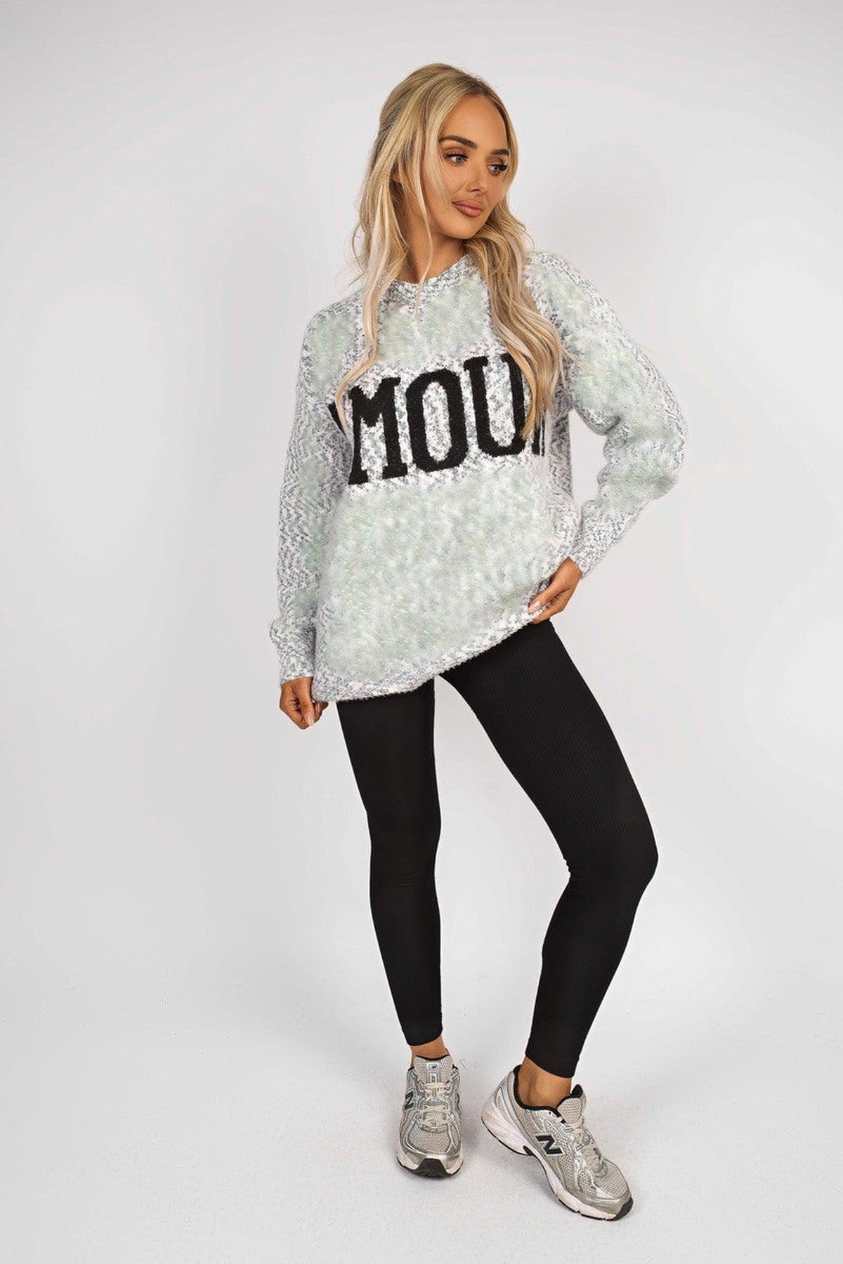 Zenya Fluffy Knit Oversized Jumper With Amour Slogan Detail - Grey