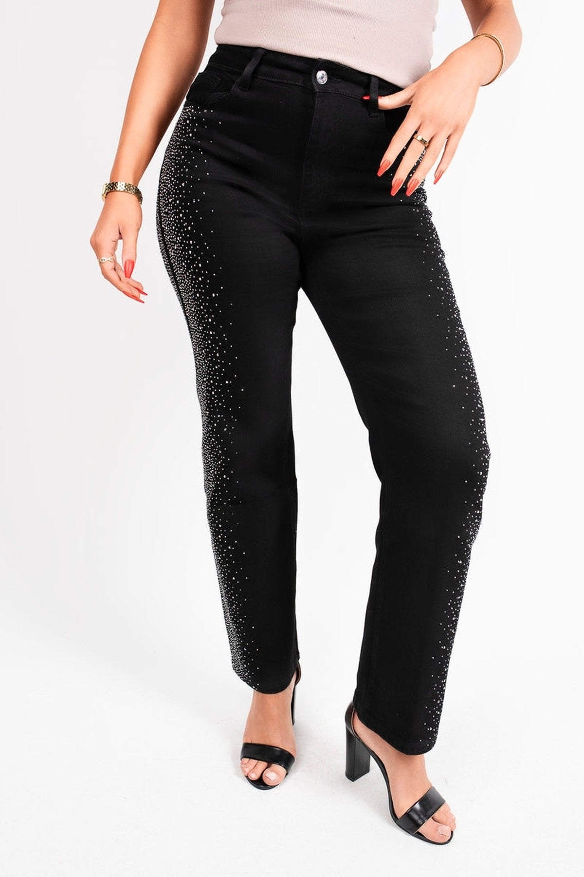 Elyndra High Waisted Sparkle Straight Leg Jeans - Black