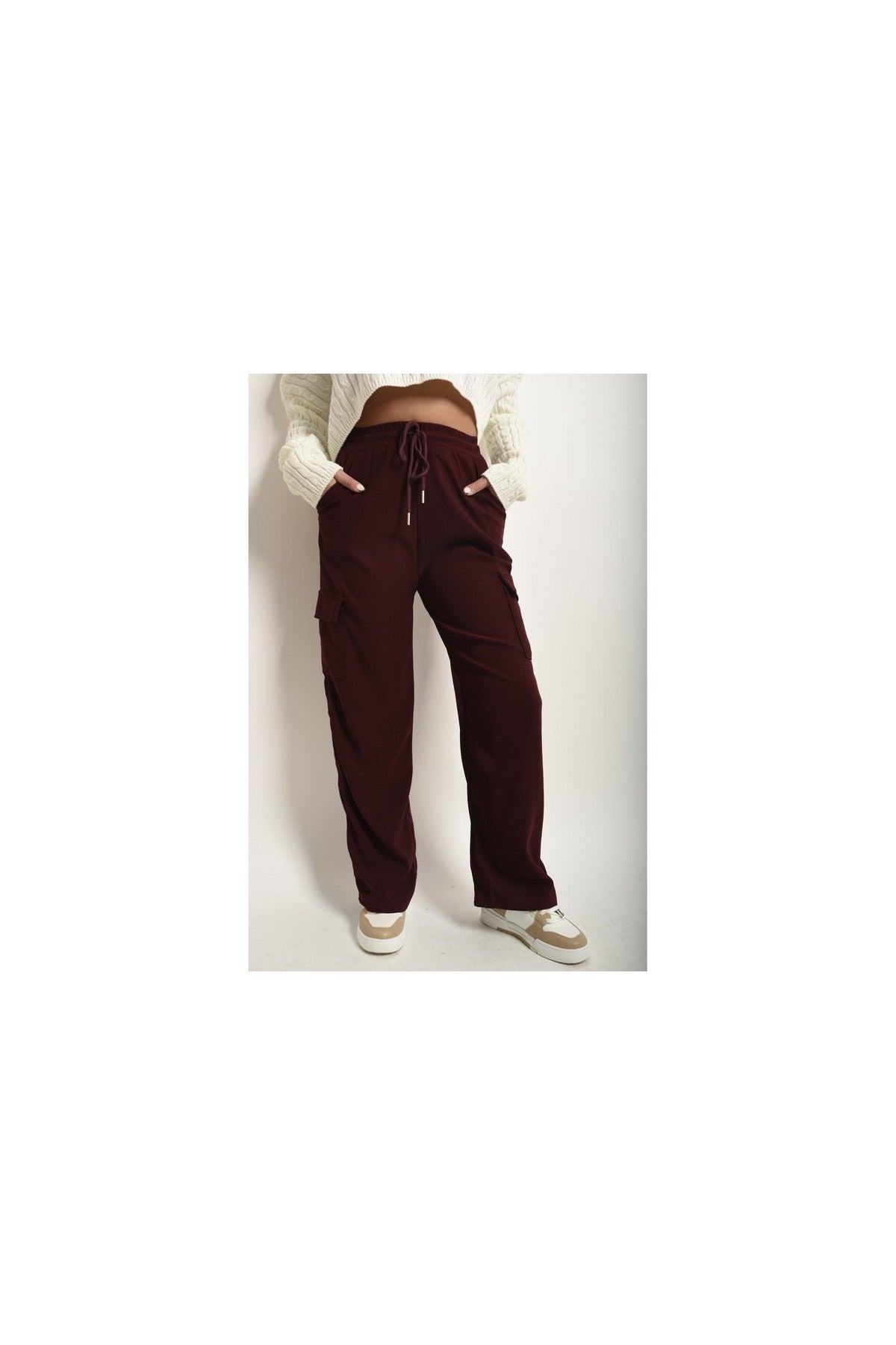 Faye Wide Leg Drawstring Waist Flap Pocket Trouser - Wine