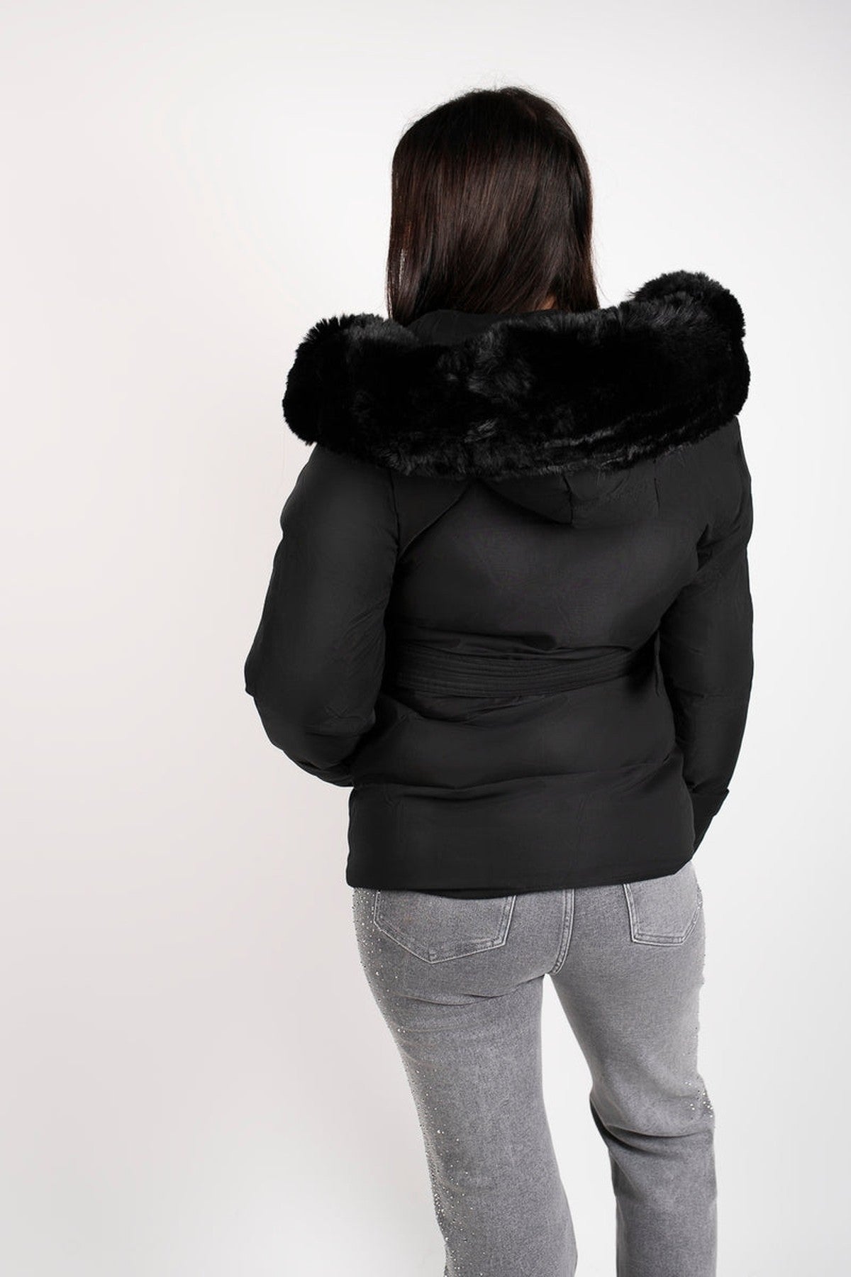 Serelina Belted Puffer Jacket With Faux Fur Hood - Black