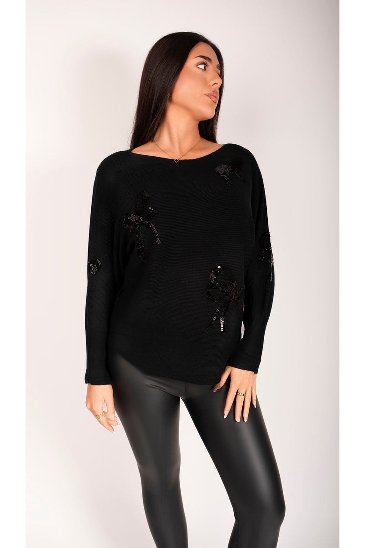 Marivelle Knitted Jumper With Sequin Bow Detail - Black