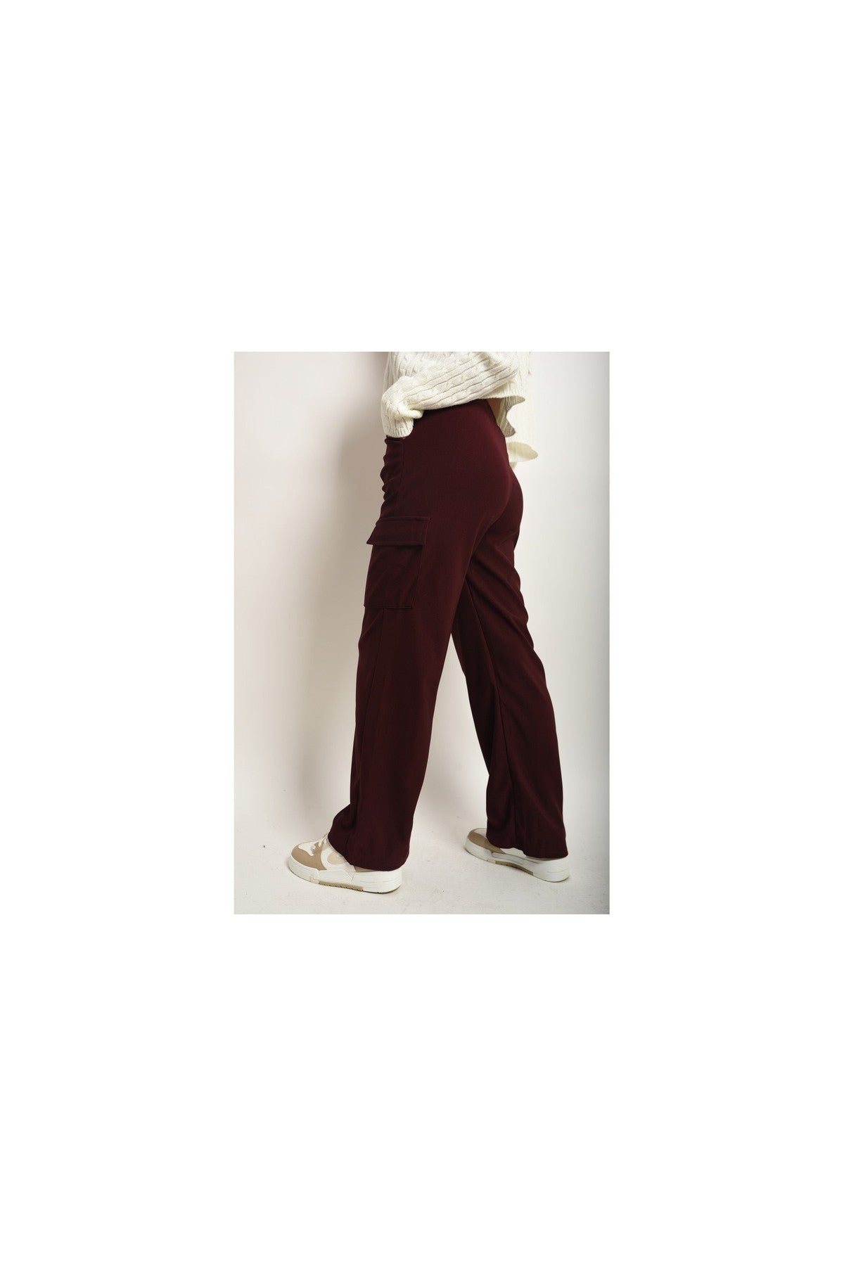 Faye Wide Leg Drawstring Waist Flap Pocket Trouser - Wine