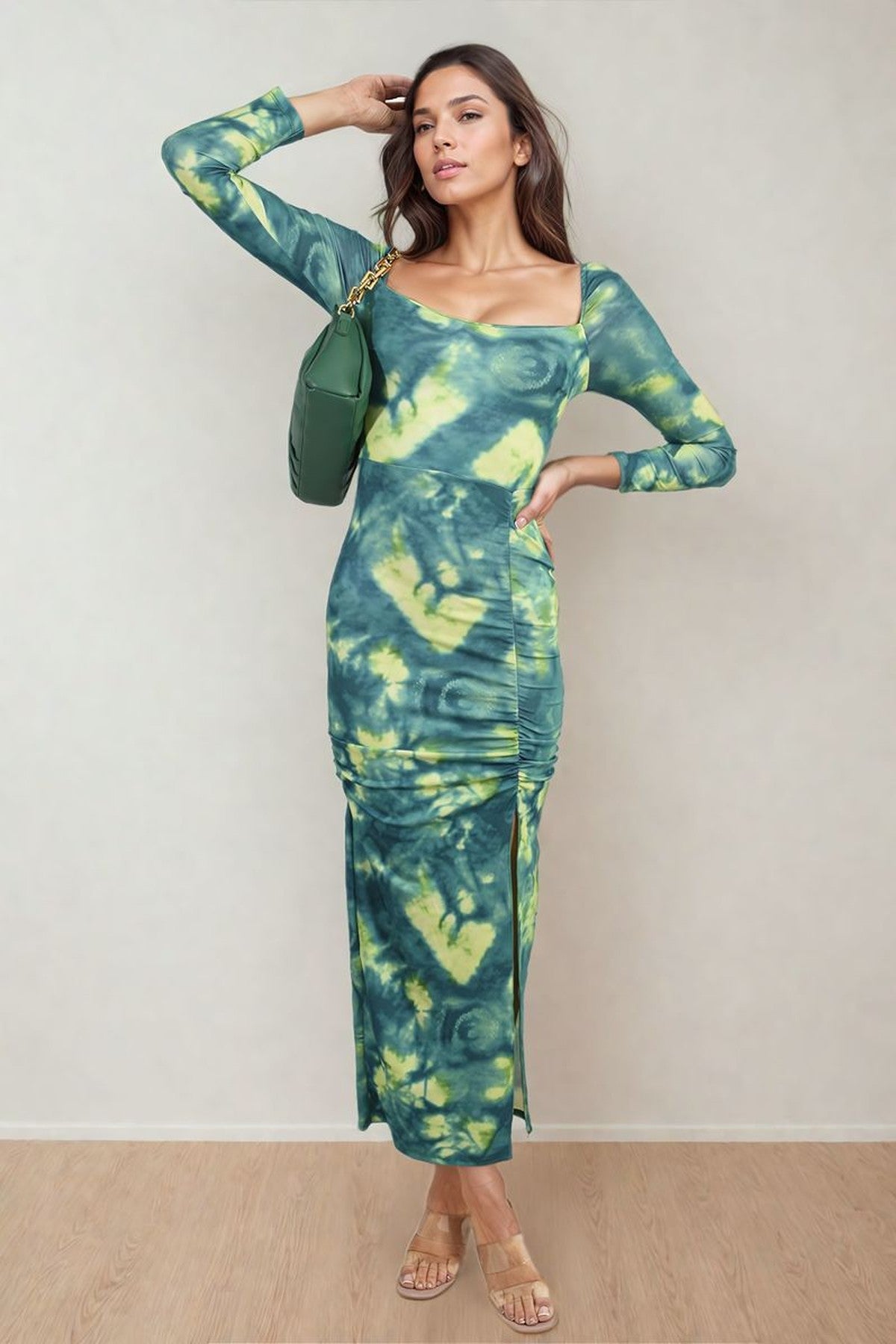 Priscilla Printed Long Sleeve Cross-tied Back Midi Dress - Green