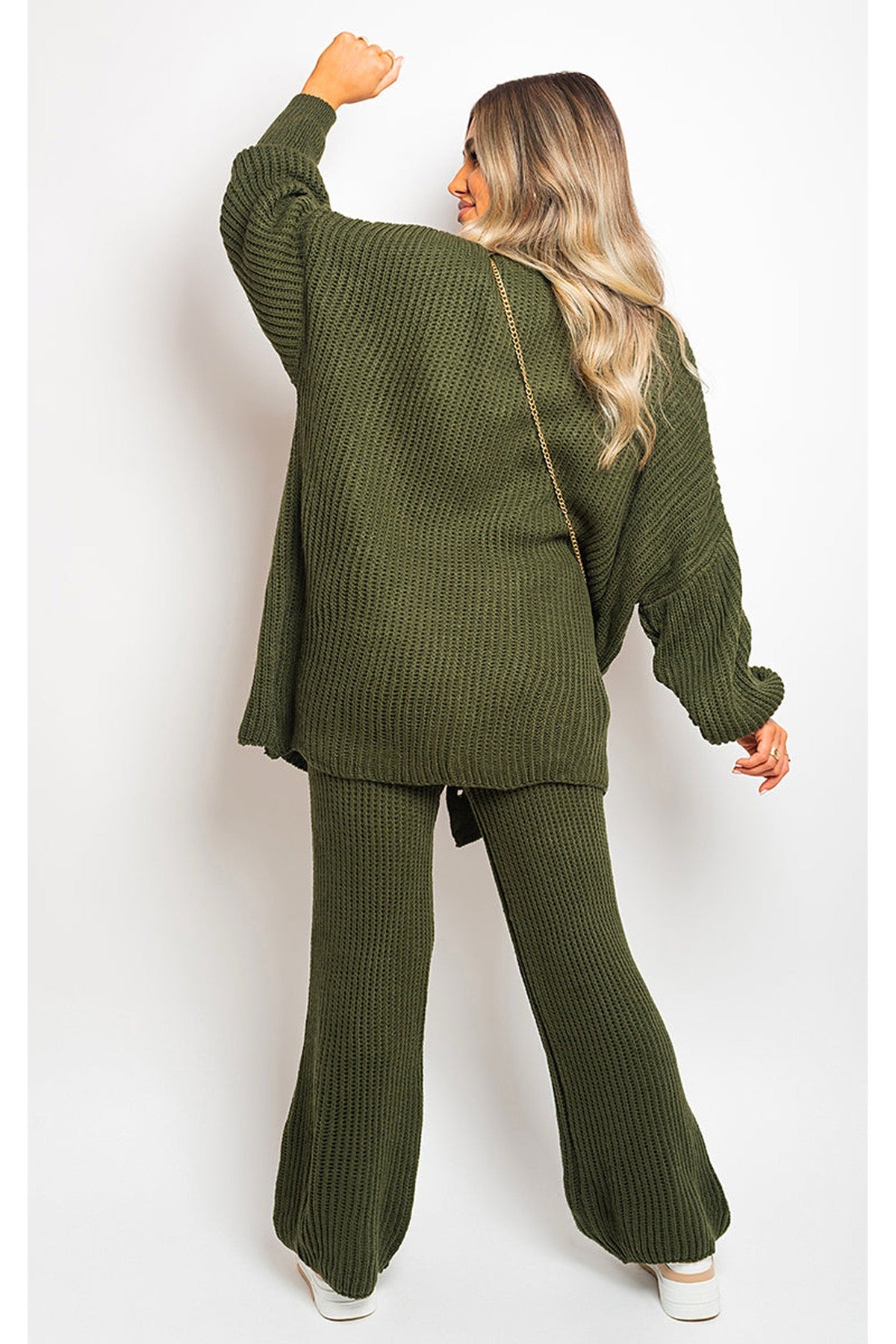 Emma Chunky Knitted Button Up Cardigan Wide Leg Trousers Co-ord Set - Khaki