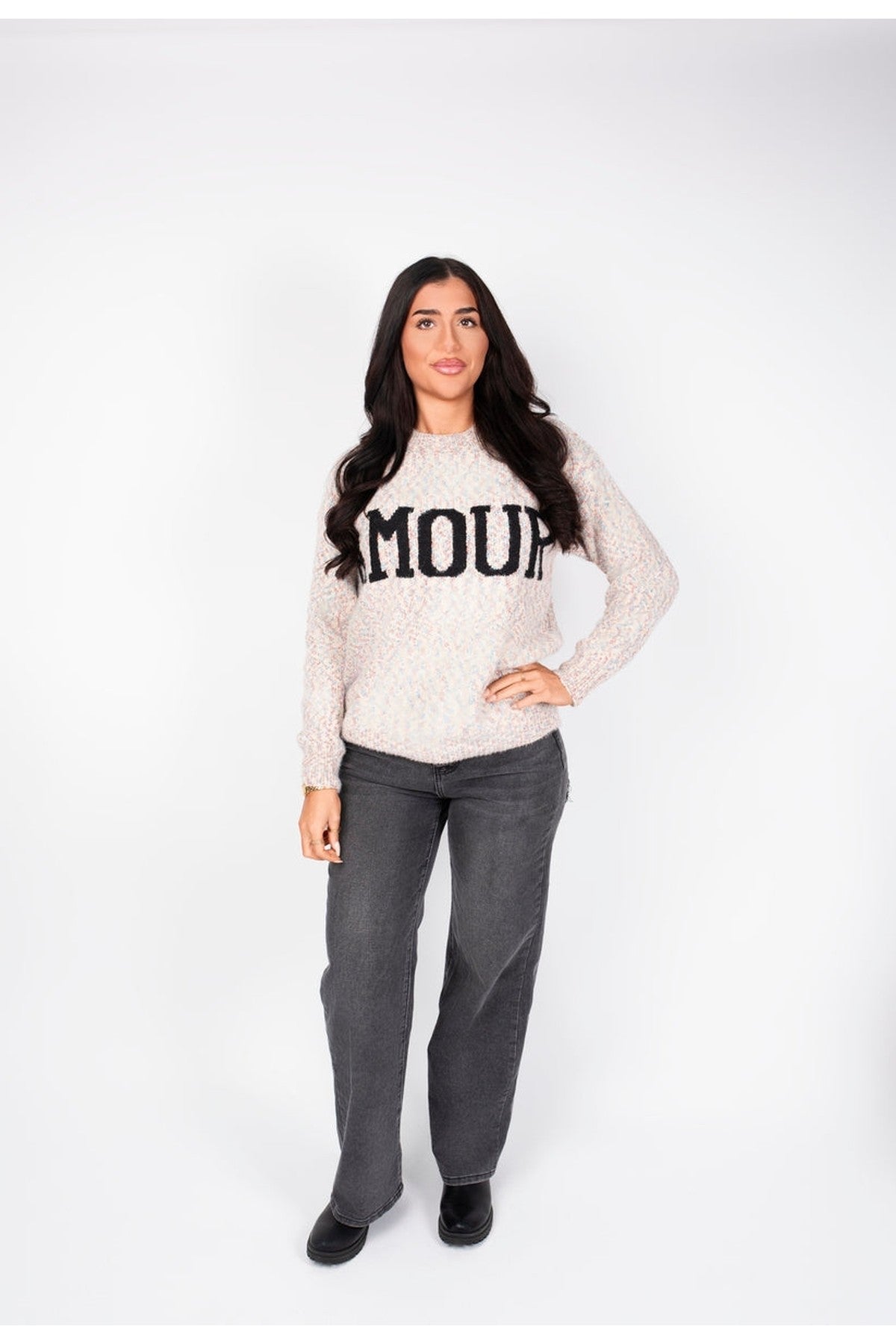 Zenya Fluffy Knit Oversized Jumper With Amour Slogan Detail - Wine