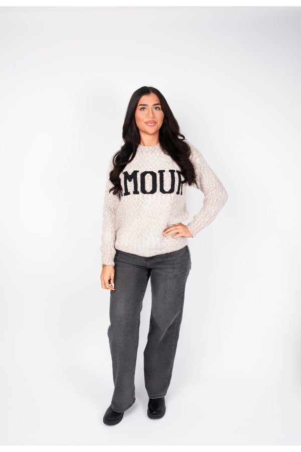 Zenya Fluffy Knit Oversized Jumper With Amour Slogan Detail - Wine
