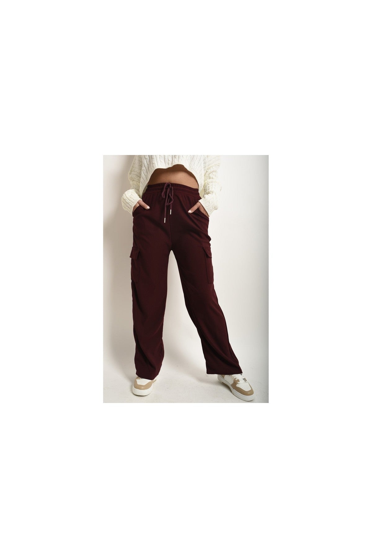 Faye Wide Leg Drawstring Waist Flap Pocket Trouser - Wine