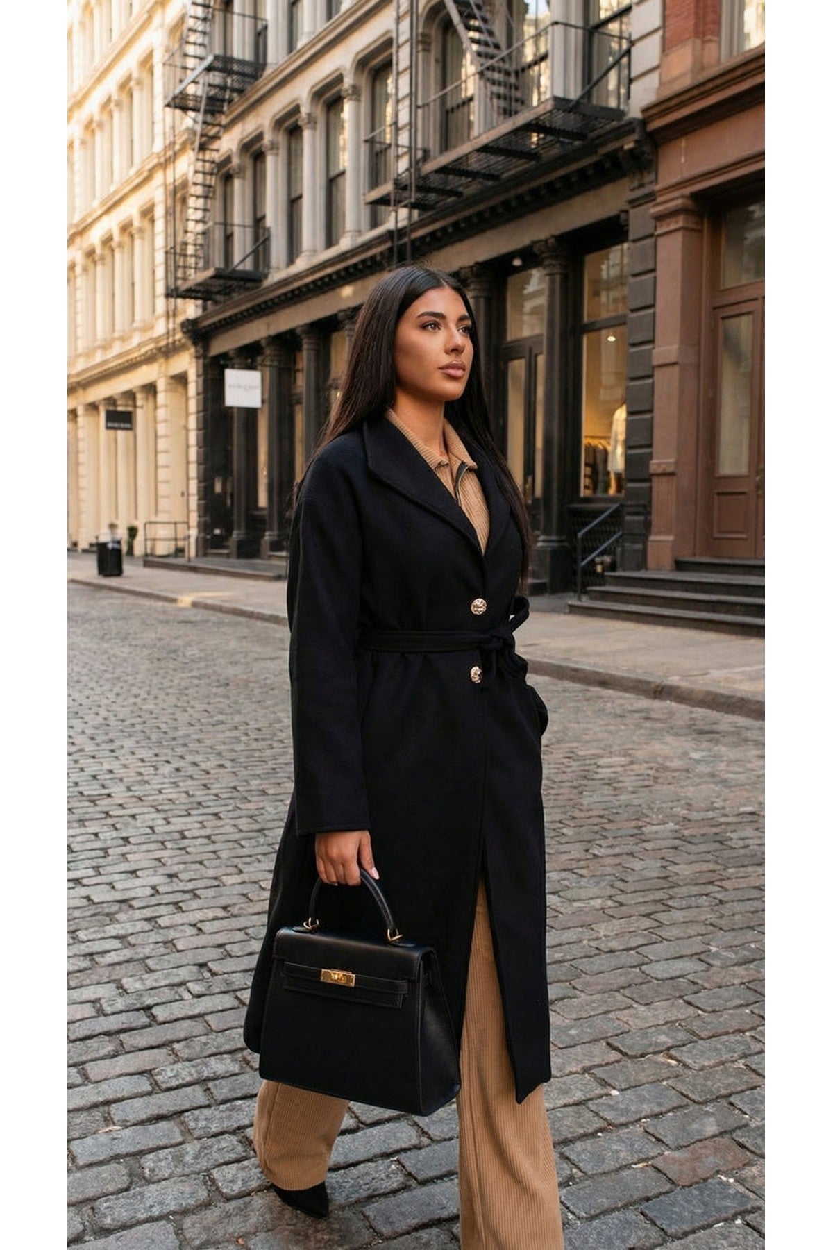 Marelle Belted Longline Coat With Button Detail - Black