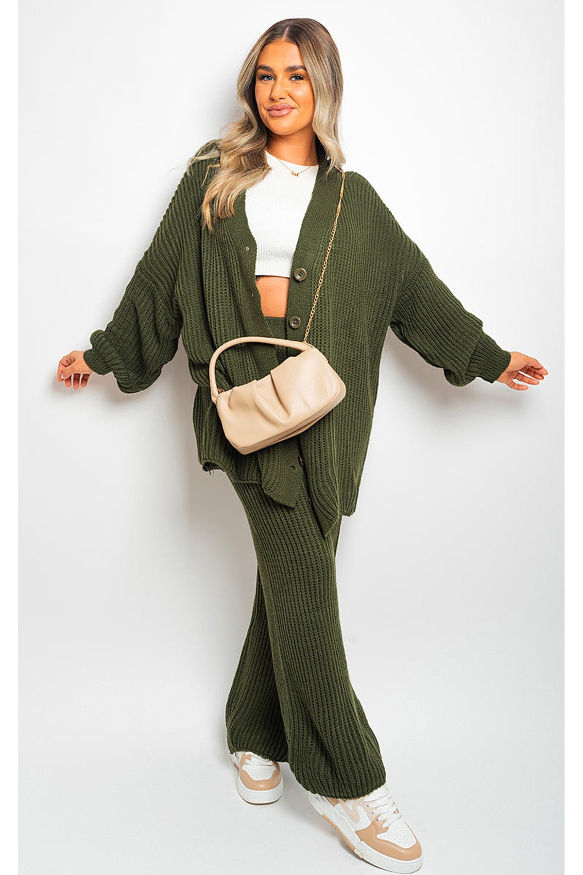 Emma Chunky Knitted Button Up Cardigan Wide Leg Trousers Co-ord Set - Khaki