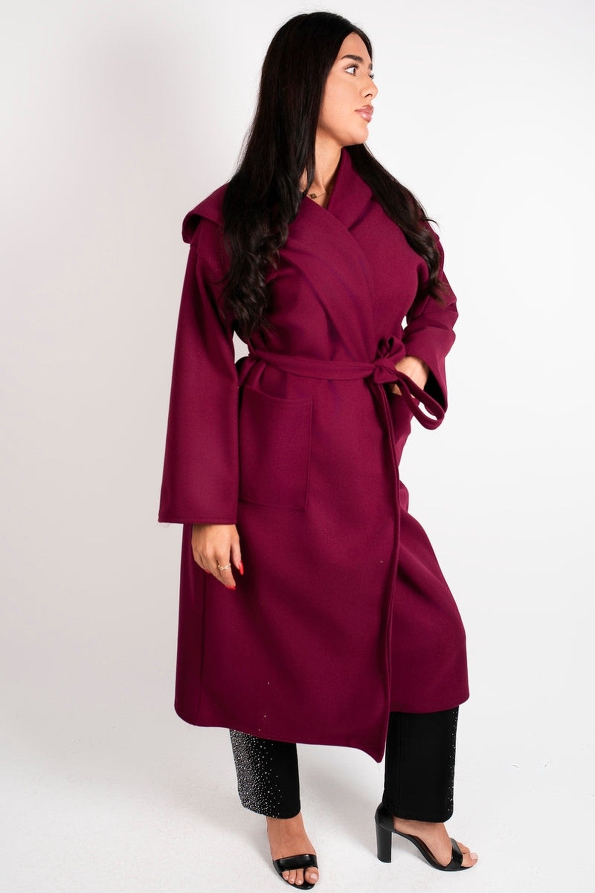 Vionna Hooded Longline Belted Wrap Coat - Wine Glit