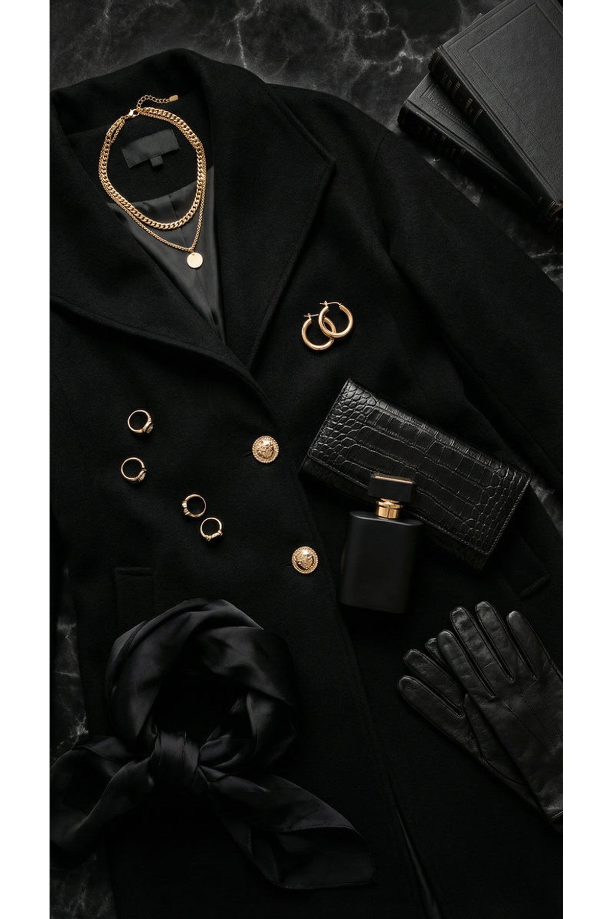 Marelle Belted Longline Coat With Button Detail - Black