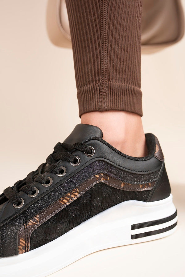 Zerina Lace Up Chunky Trainers With Print Detail - Black