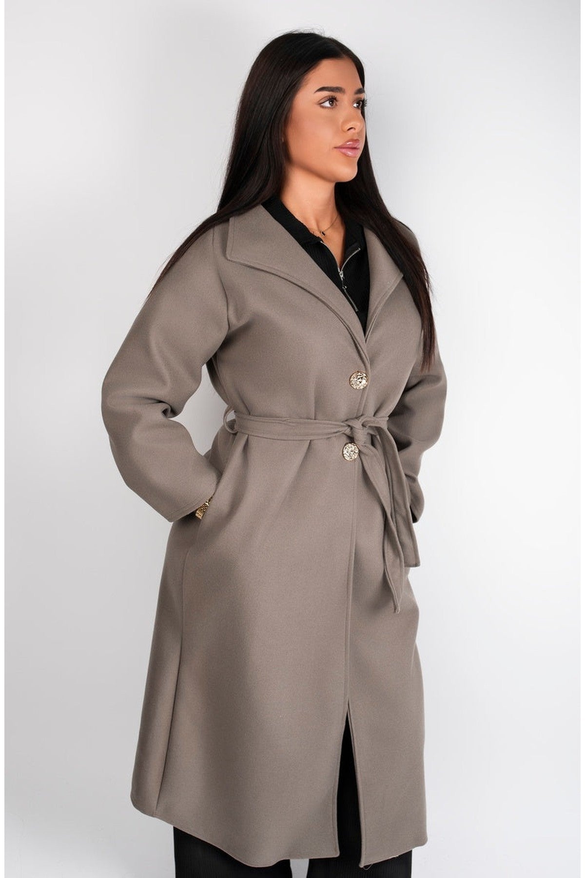 Marelle Belted Longline Coat With Button Detail - Mocha