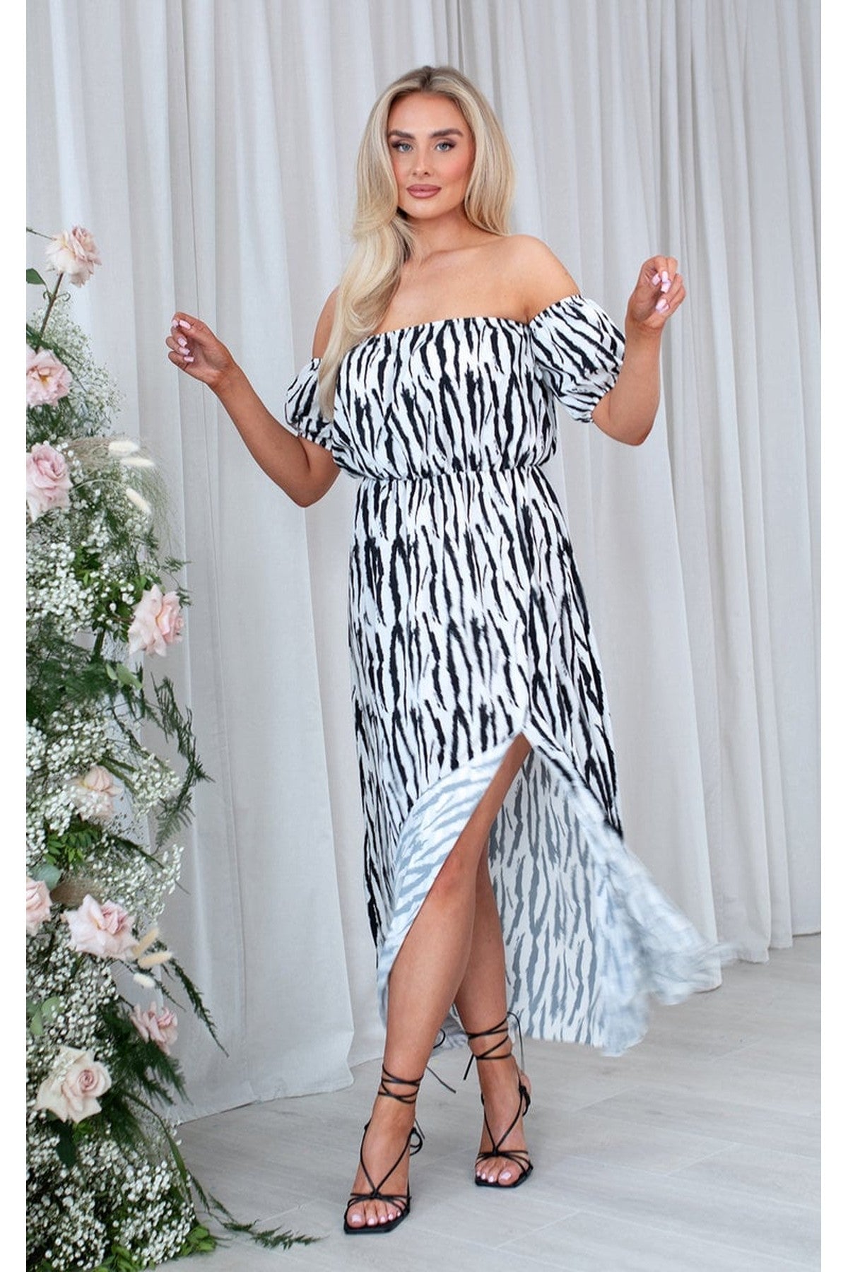 Aliza Off Shoulder Printed Split Midi Dress