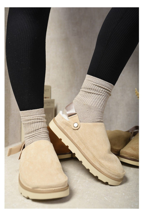 Delilah Faux Fur Slingback Closed Toe Clogs - Beige
