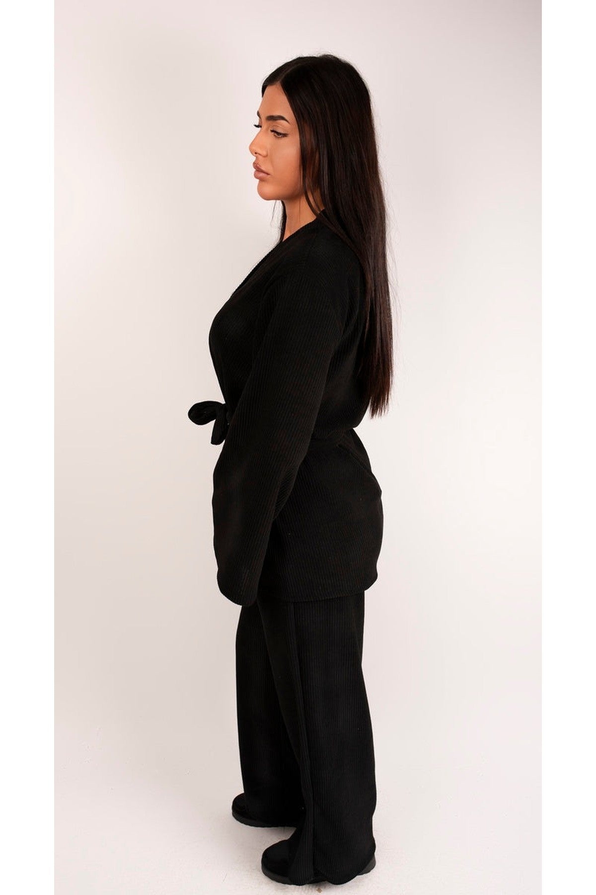 Adalyn Ribbed Wrap Belted Top And Wide Leg Trouser Co-ord Set - Khaki