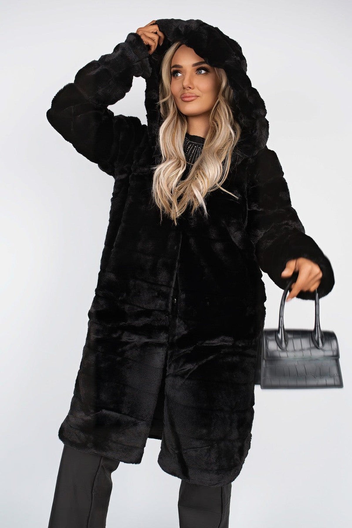 Milara Longline Faux Fur Hooded Coat - Black