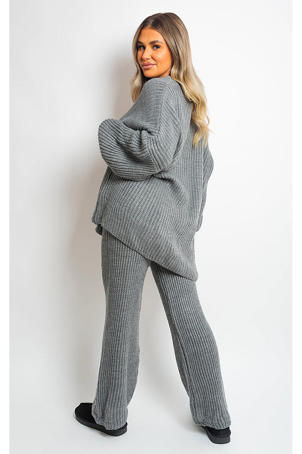 Emma Chunky Knitted Button Up Cardigan Wide Leg Trousers Co-ord Set - Grey