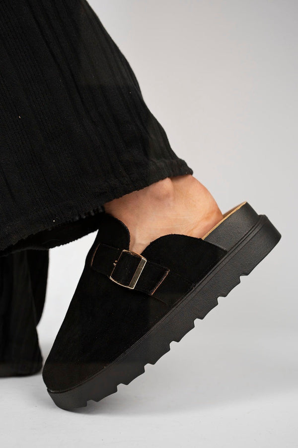 Serelina Chunky Sole Flat Slip-on Buckle Sliders - Black