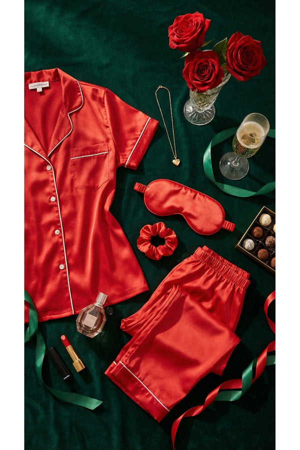 Saryna Satin Button Up Pyjama Set With Matching Eye Mask & Scrunchie - Red