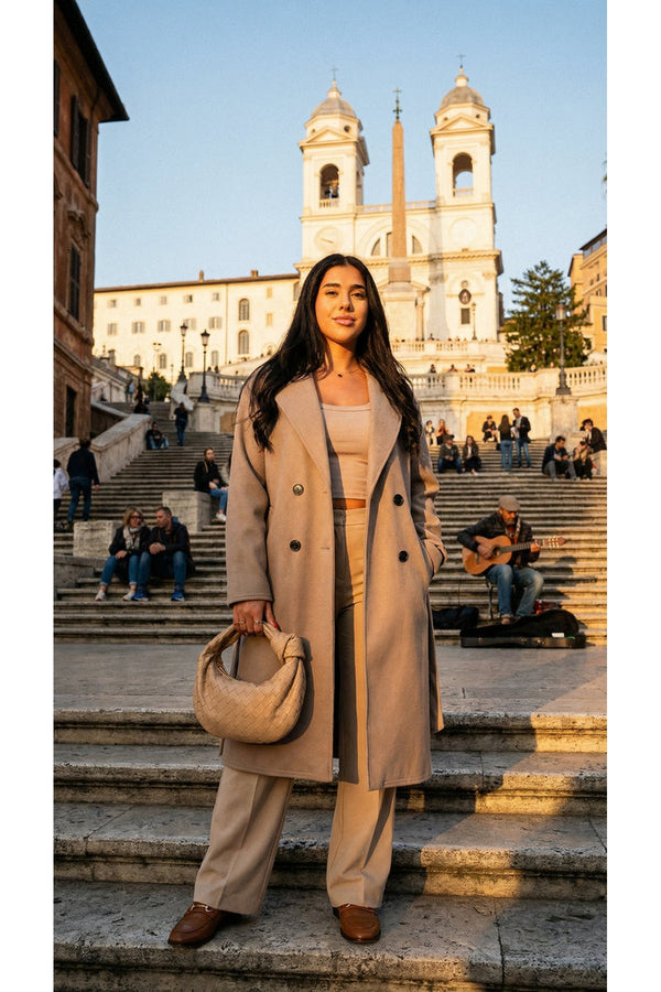 Avlina Double Breasted Belted Longline Coat - Beige