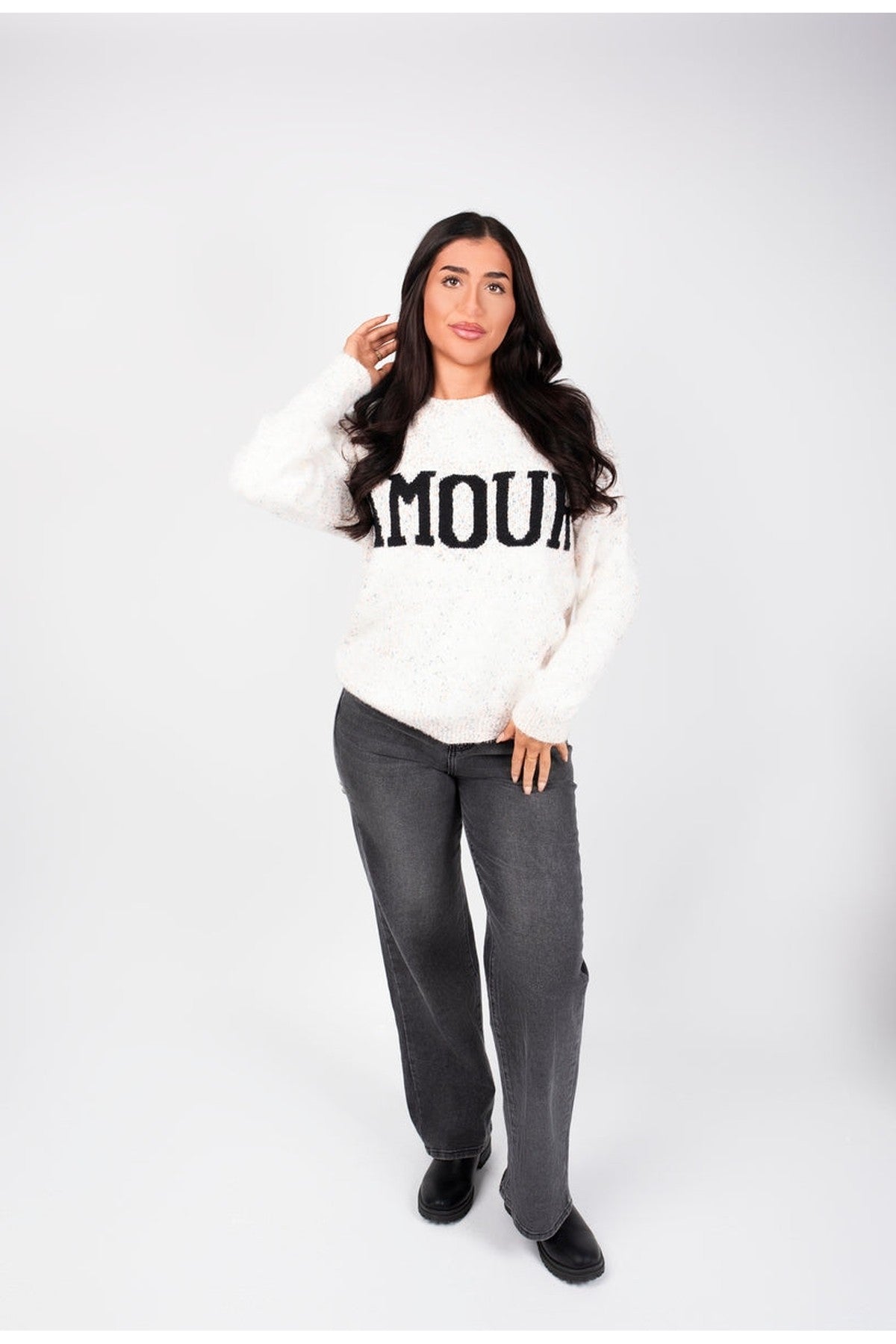 Zenya Fluffy Knit Oversized Jumper With Amour Slogan Detail - Light Grey