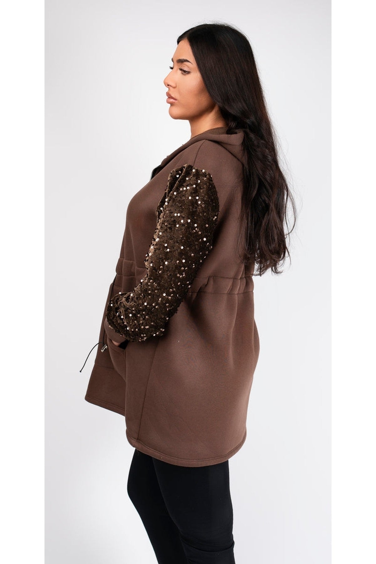 Evalora Zip Up Hoodie With Sequin Sleeve Detail - Brown