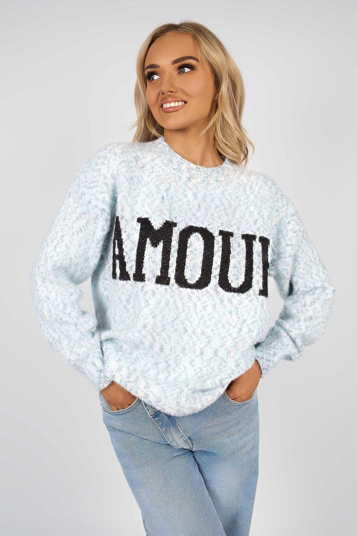 Zenya Fluffy Knit Oversized Jumper With Amour Slogan Detail - Blue
