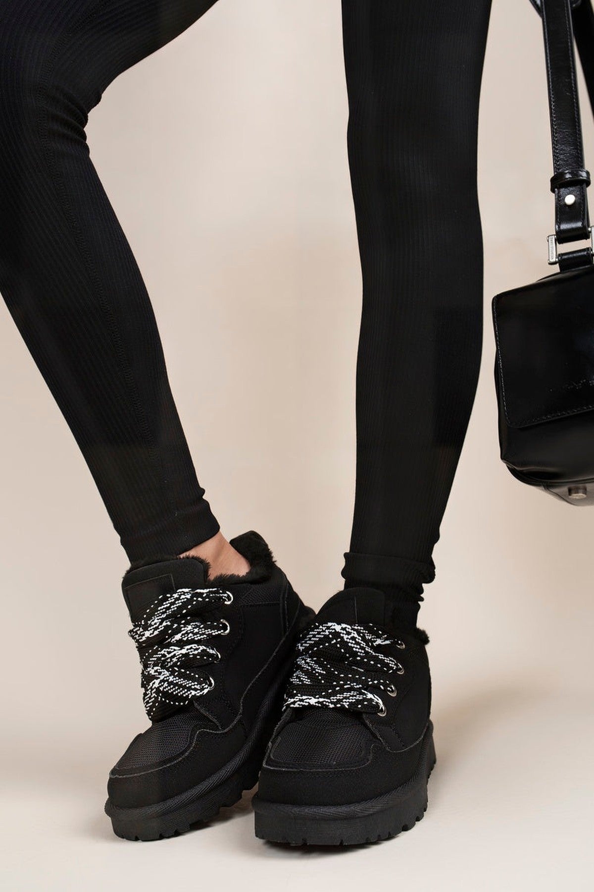 Leiza Chunky Lace Up Faux Fur Trainers - Black