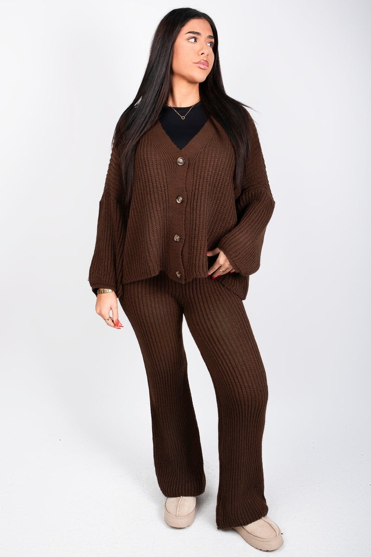 Emma Chunky Knitted Button Up Cardigan Wide Leg Trousers Co-ord Set - Brown