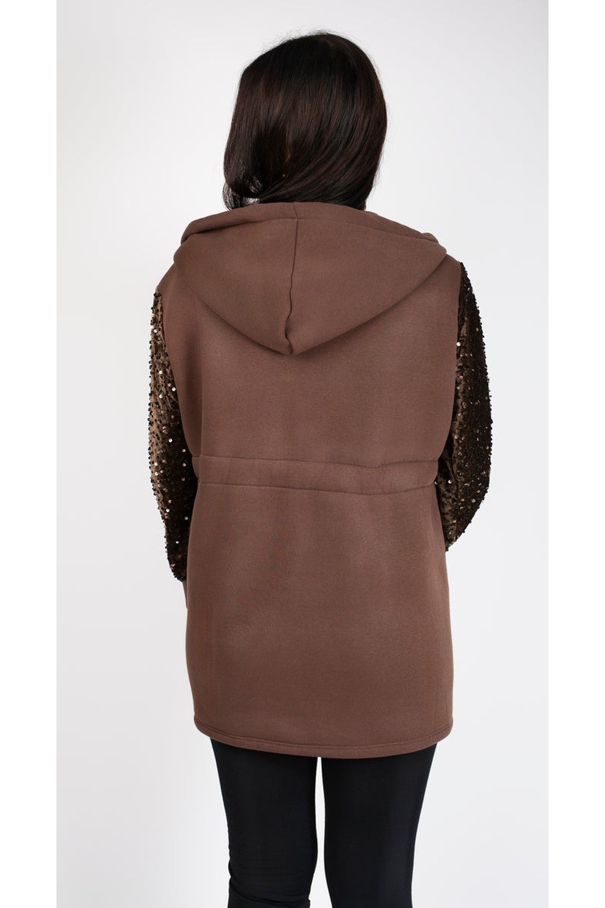Evalora Zip Up Hoodie With Sequin Sleeve Detail - Brown