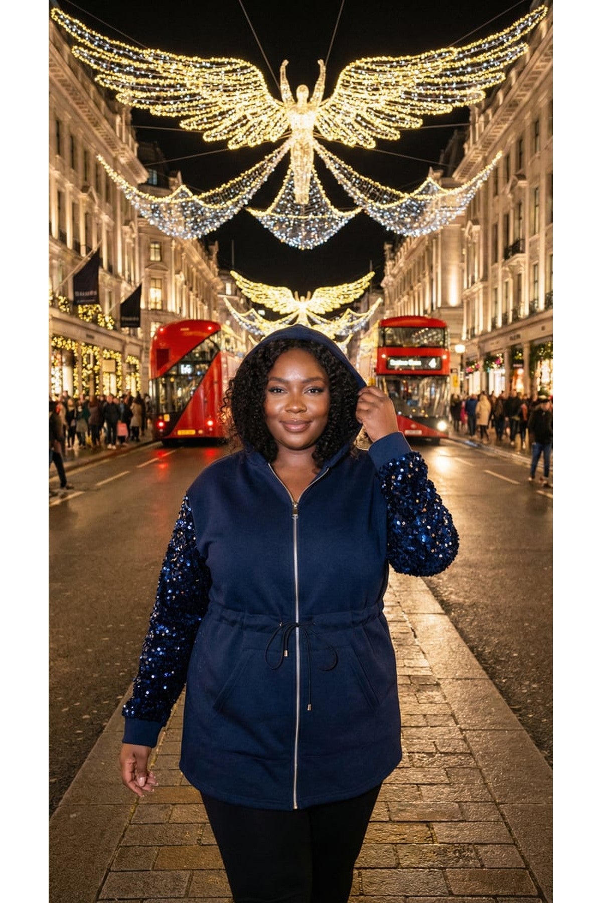 Evalora Zip Up Hoodie With Sequin Sleeve Detail - Navy