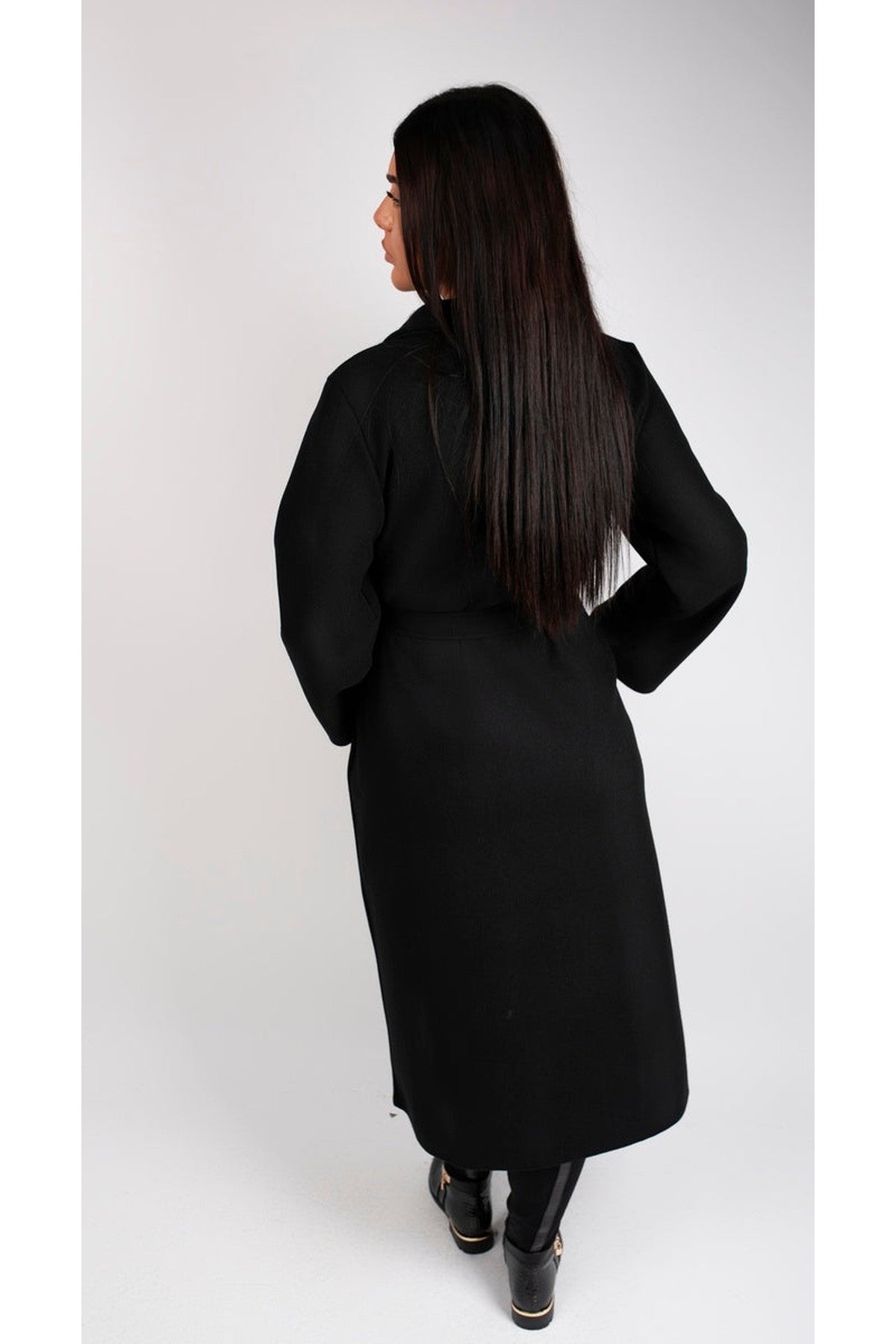 Marelle Belted Longline Coat With Button Detail - Black