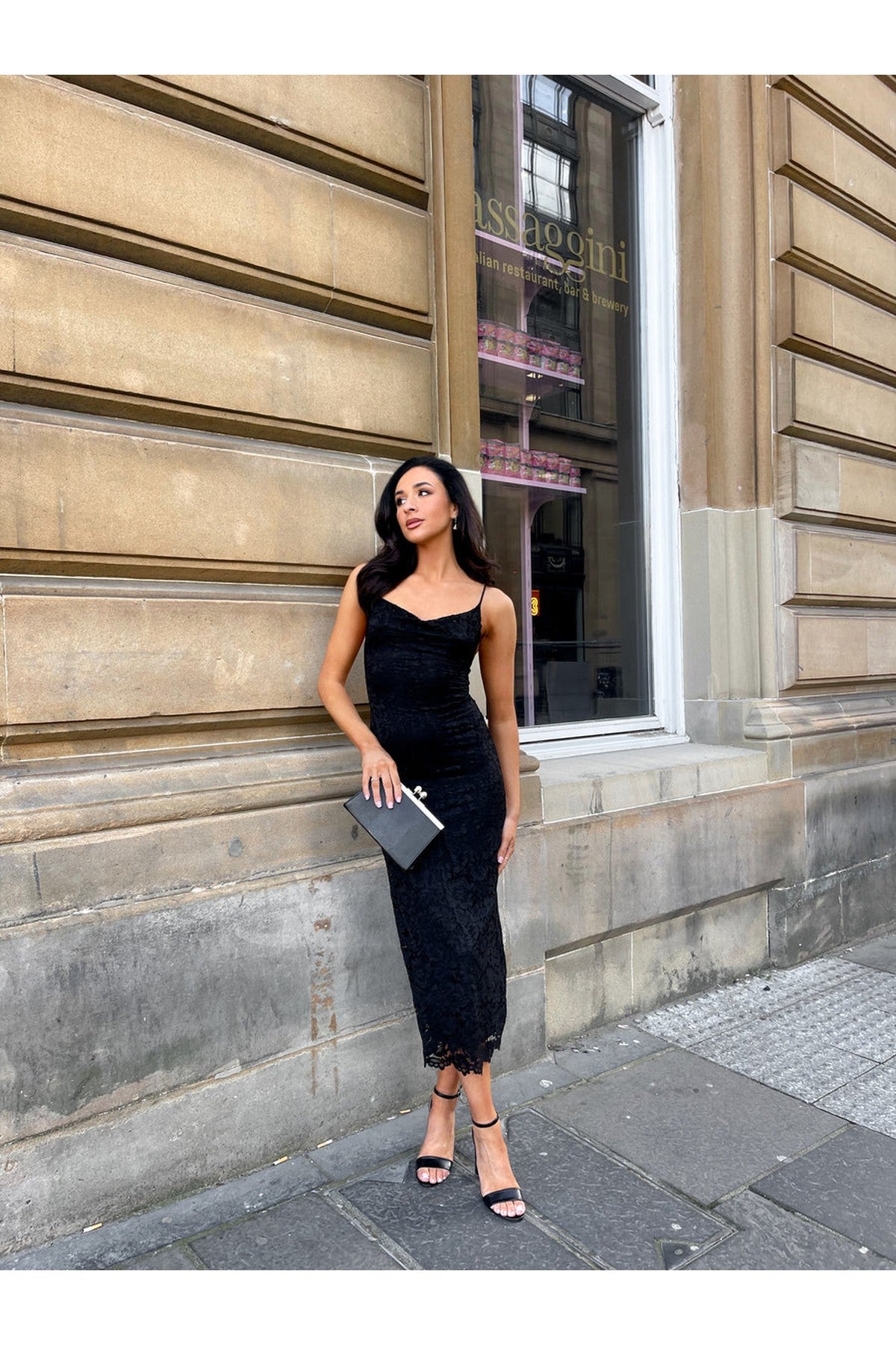 Viviana Strappy Floral Lace Midi Dress - Black