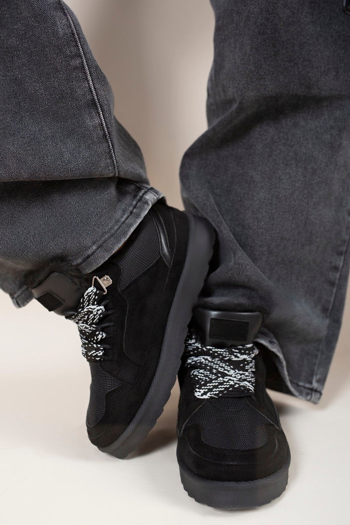 Leiza Chunky Lace Up Faux Fur Trainers - Black