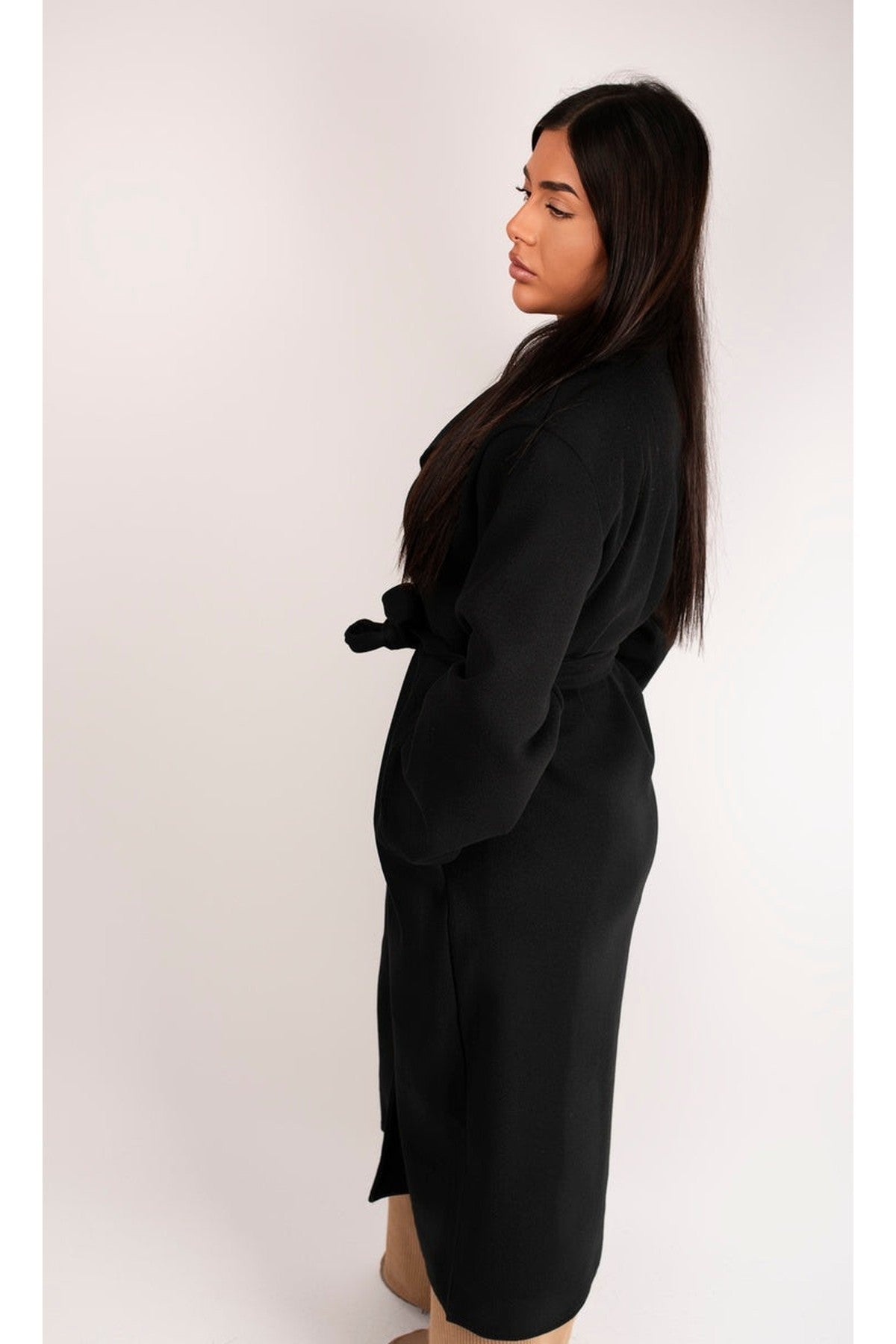 Marelle Belted Longline Coat With Button Detail - Black