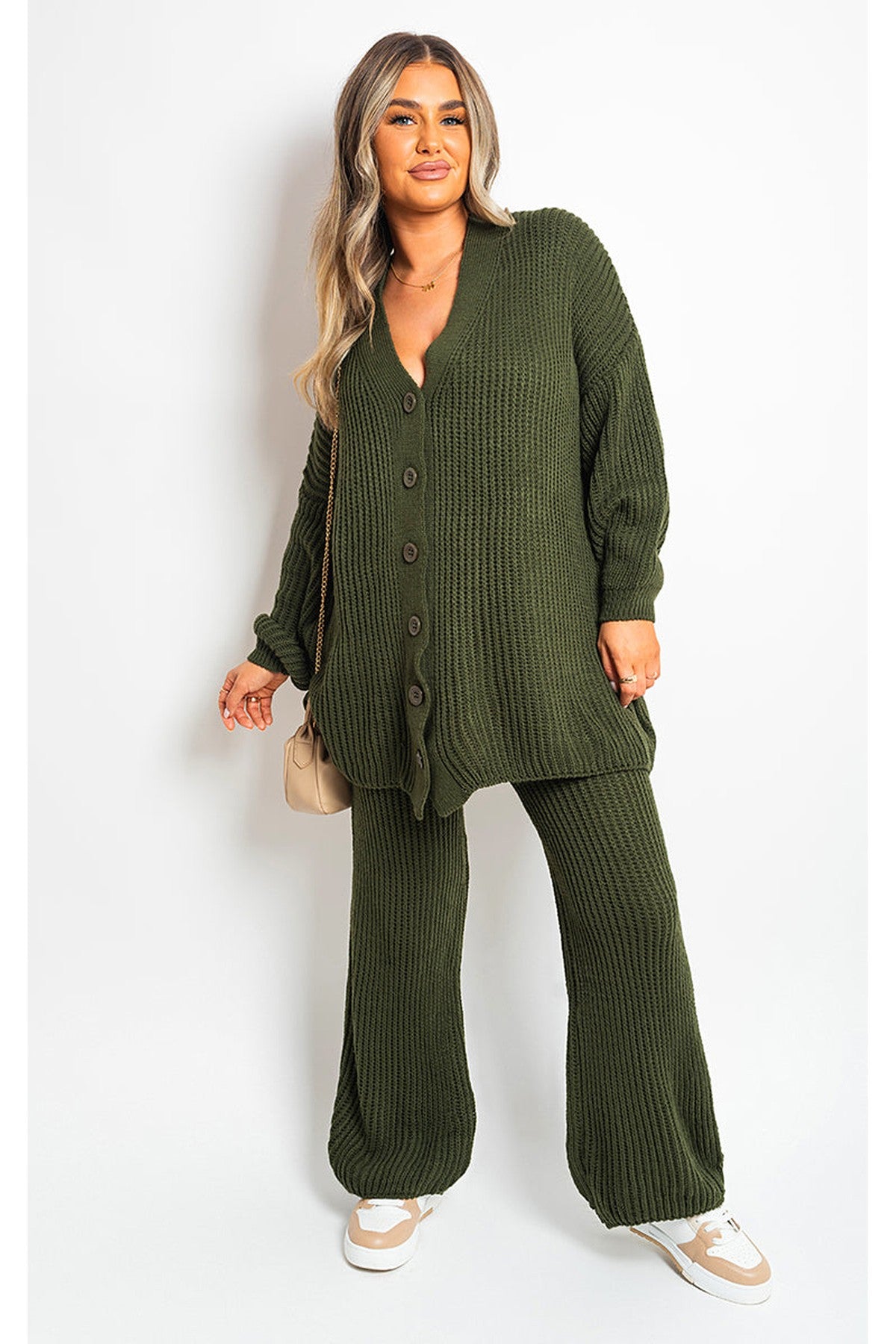 Emma Chunky Knitted Button Up Cardigan Wide Leg Trousers Co-ord Set - Khaki