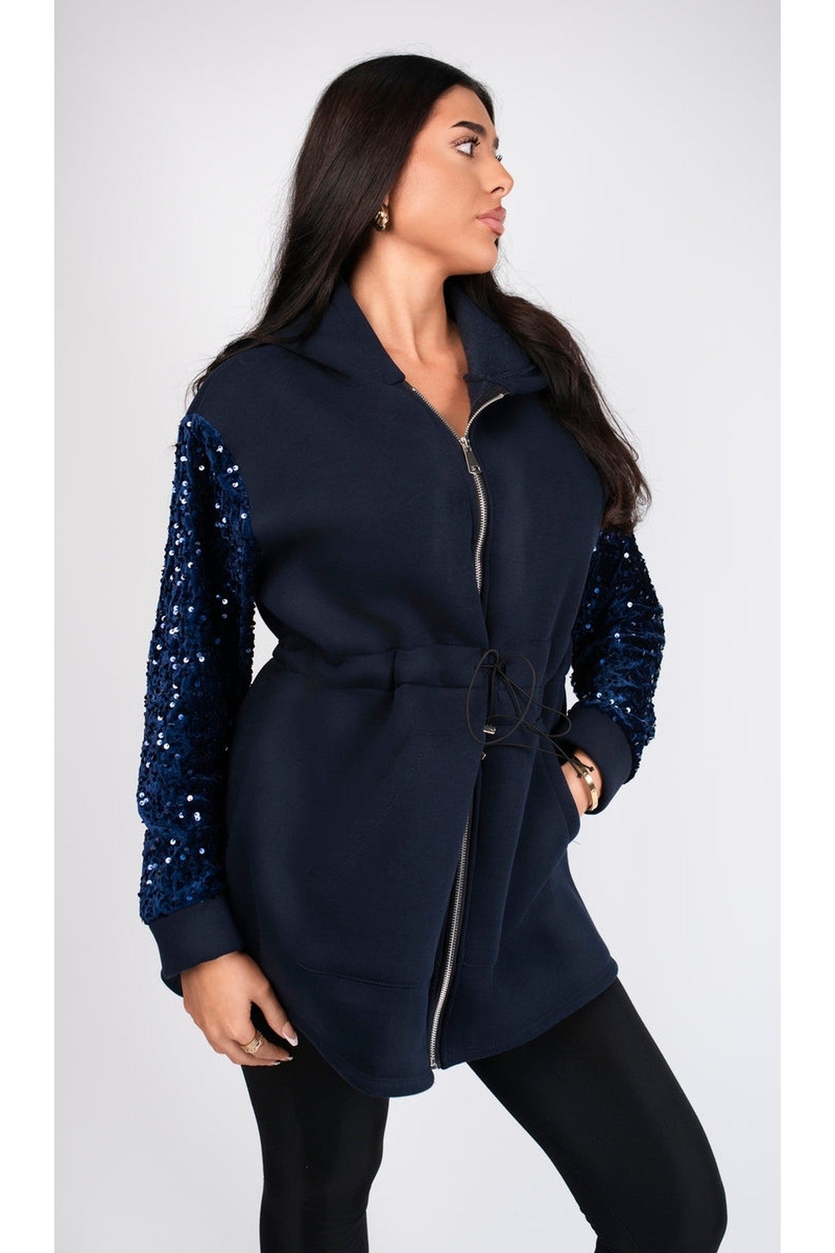 Evalora Zip Up Hoodie With Sequin Sleeve Detail - Navy