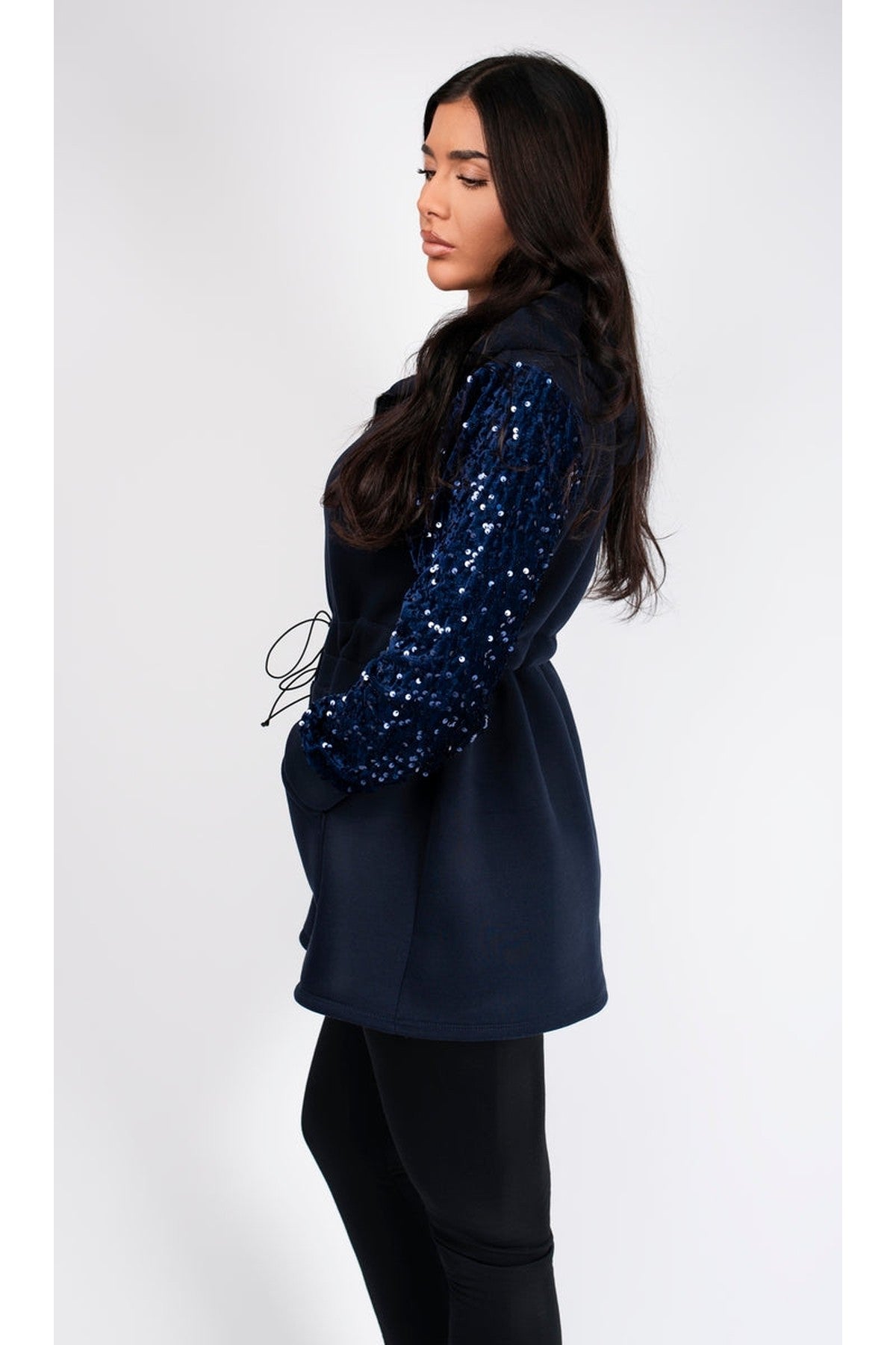 Evalora Zip Up Hoodie With Sequin Sleeve Detail - Navy