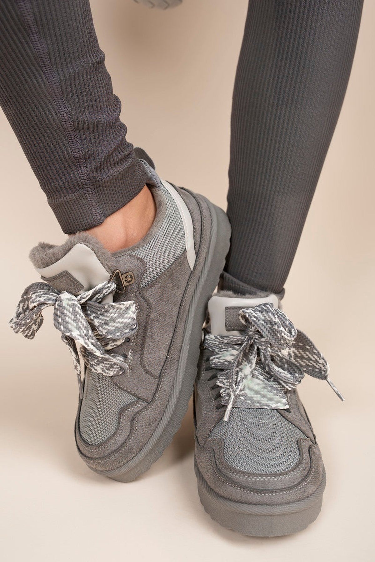 Leiza Chunky Lace Up Faux Fur Trainers - Grey