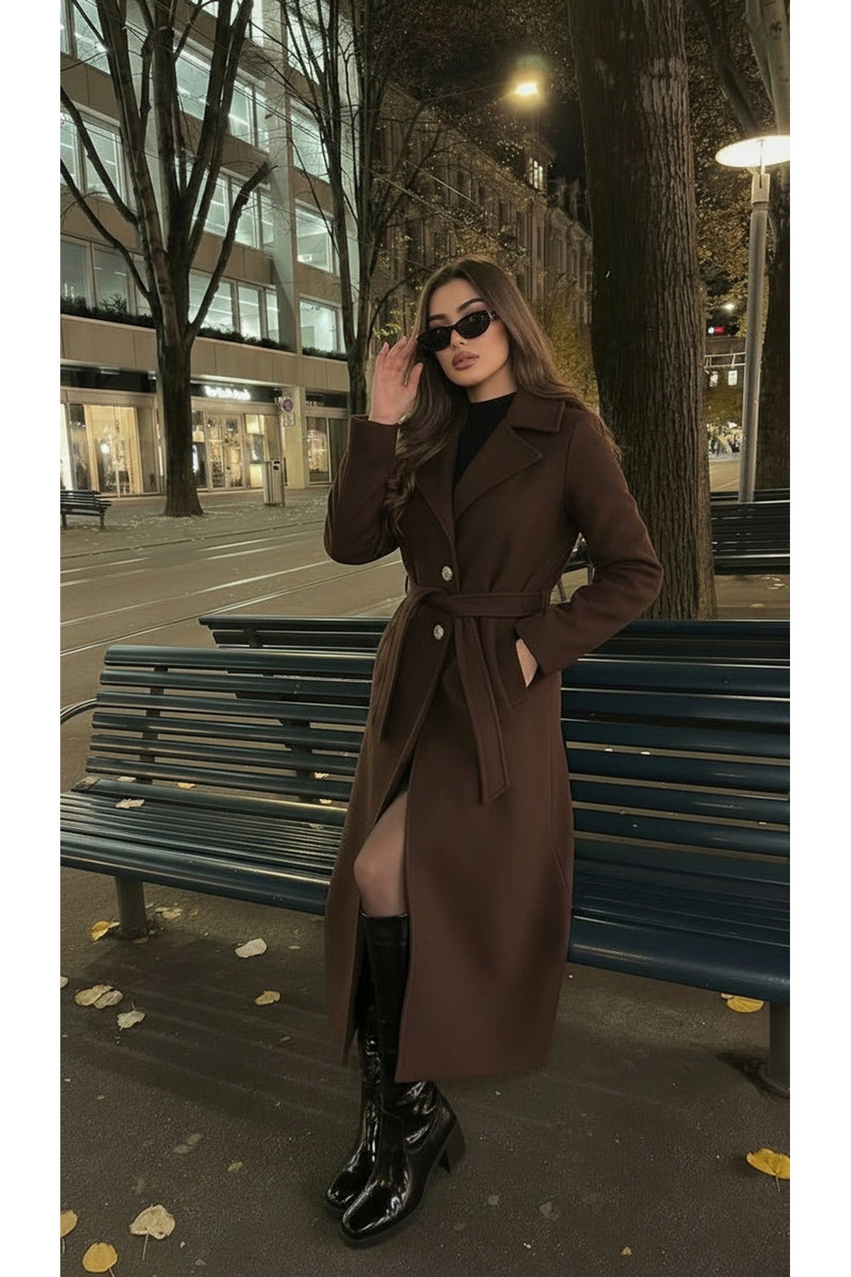 Marelle Belted Longline Coat With Button Detail - Brown